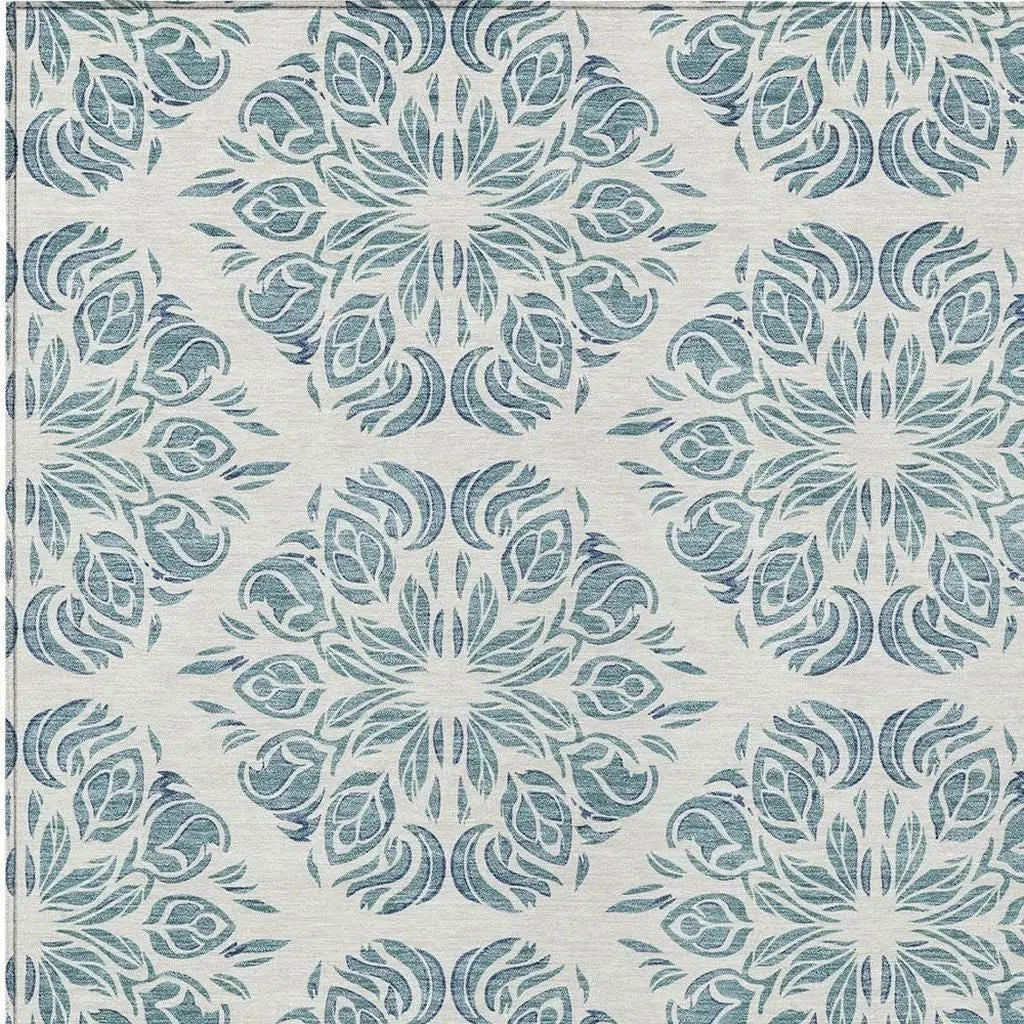8' X 10' Teal Blue And Ivory Damask Washable Indoor Outdoor Area Rug Homeroots Outdoor