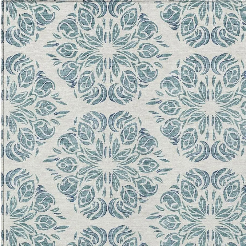 8' X 10' Teal Blue And Ivory Damask Washable Indoor Outdoor Area Rug Homeroots Outdoor