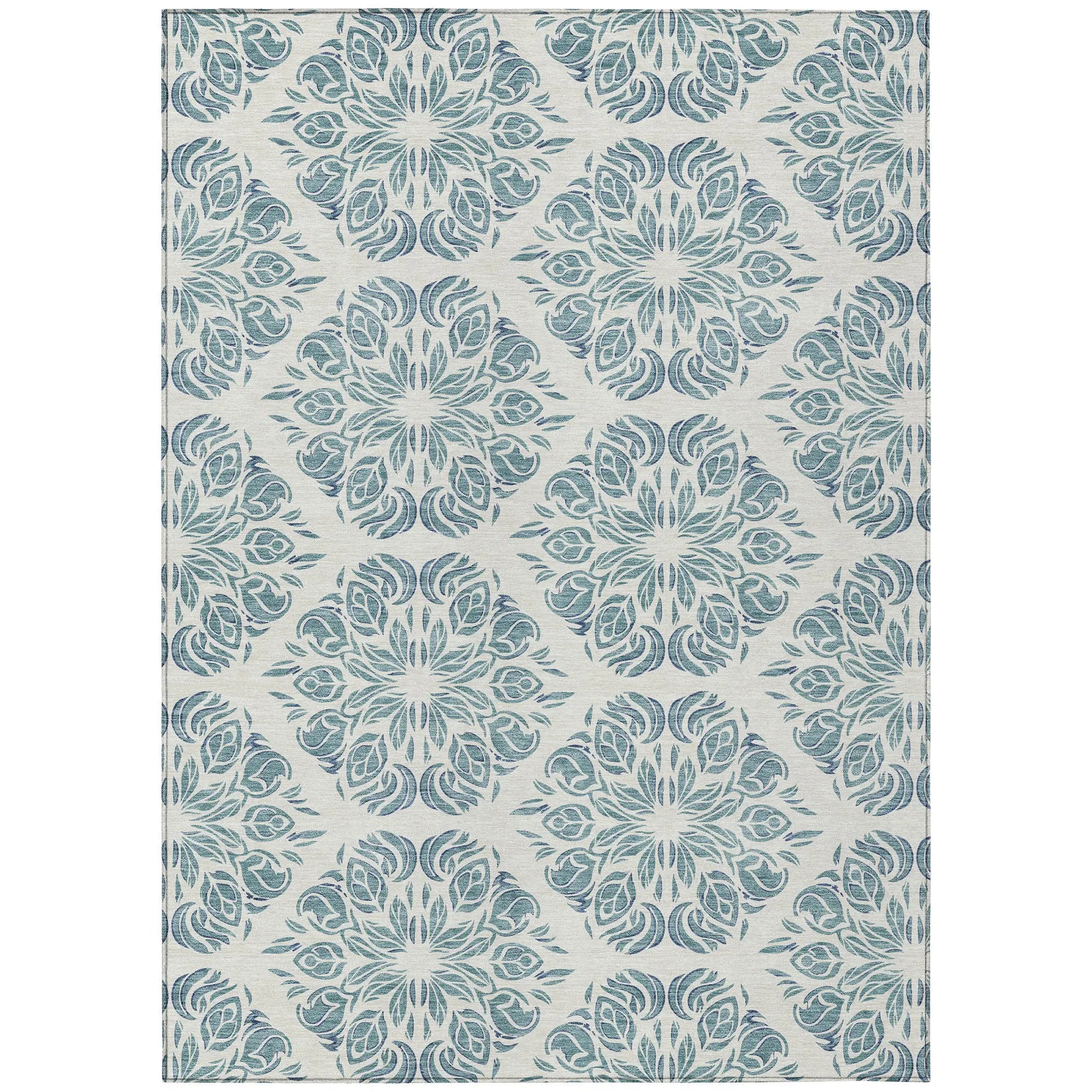8' X 10' Teal Blue And Ivory Damask Washable Indoor Outdoor Area Rug Homeroots Outdoor