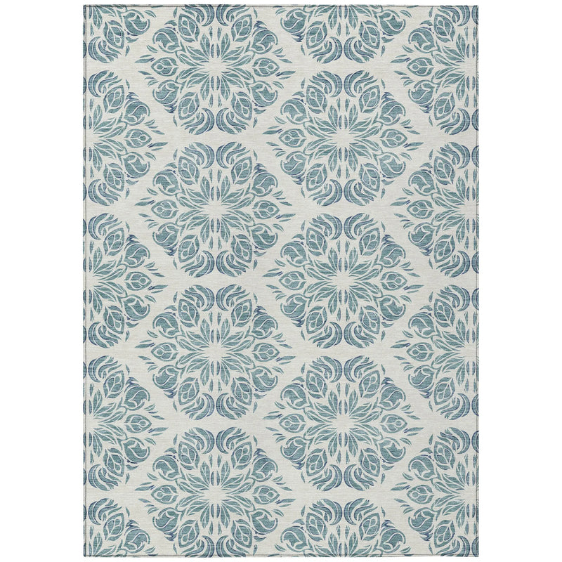 8' X 10' Teal Blue And Ivory Damask Washable Indoor Outdoor Area Rug Homeroots Outdoor