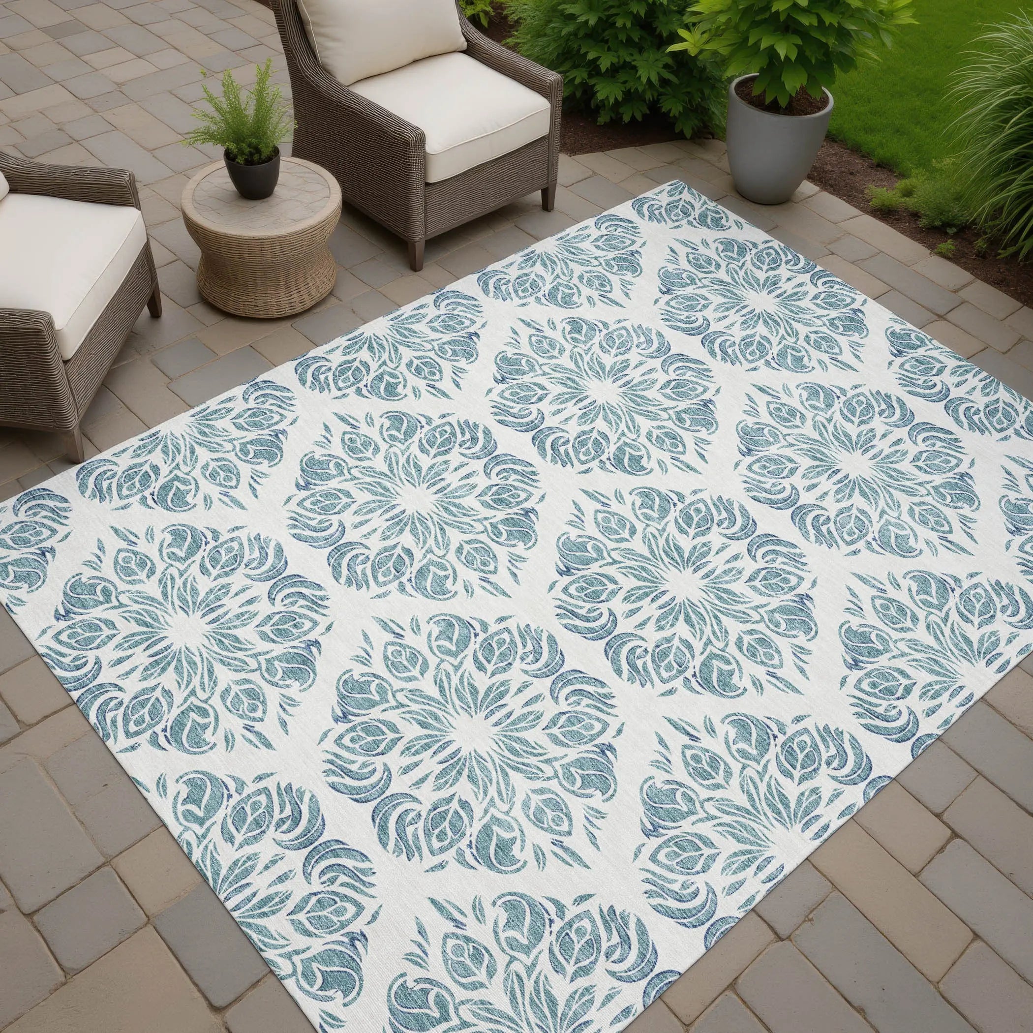 8' X 10' Teal Blue And Ivory Damask Washable Indoor Outdoor Area Rug Homeroots Outdoor