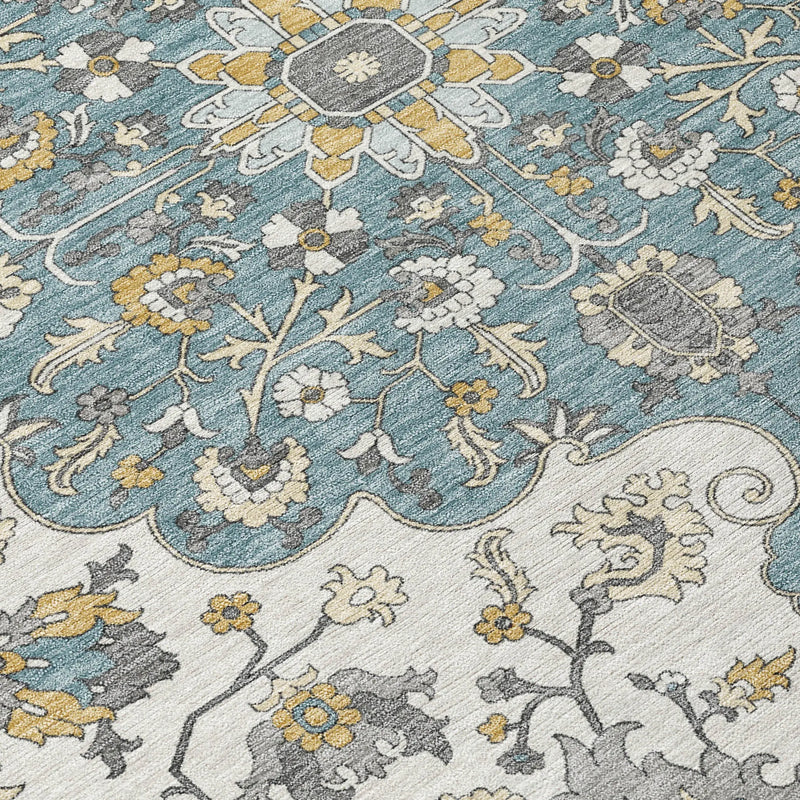 8' X 10' Teal Blue And Ivory Floral Medallion Washable Indoor Outdoor Area Rug Homeroots Outdoor