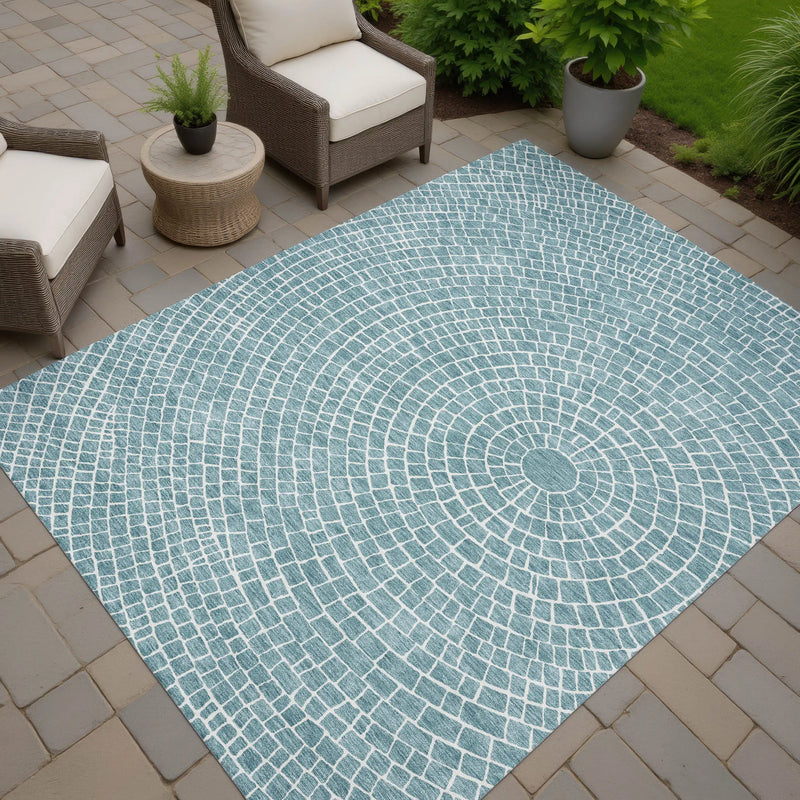 8' X 10' Teal Blue And Ivory Geometric Washable Indoor Outdoor Area Rug Homeroots Outdoor