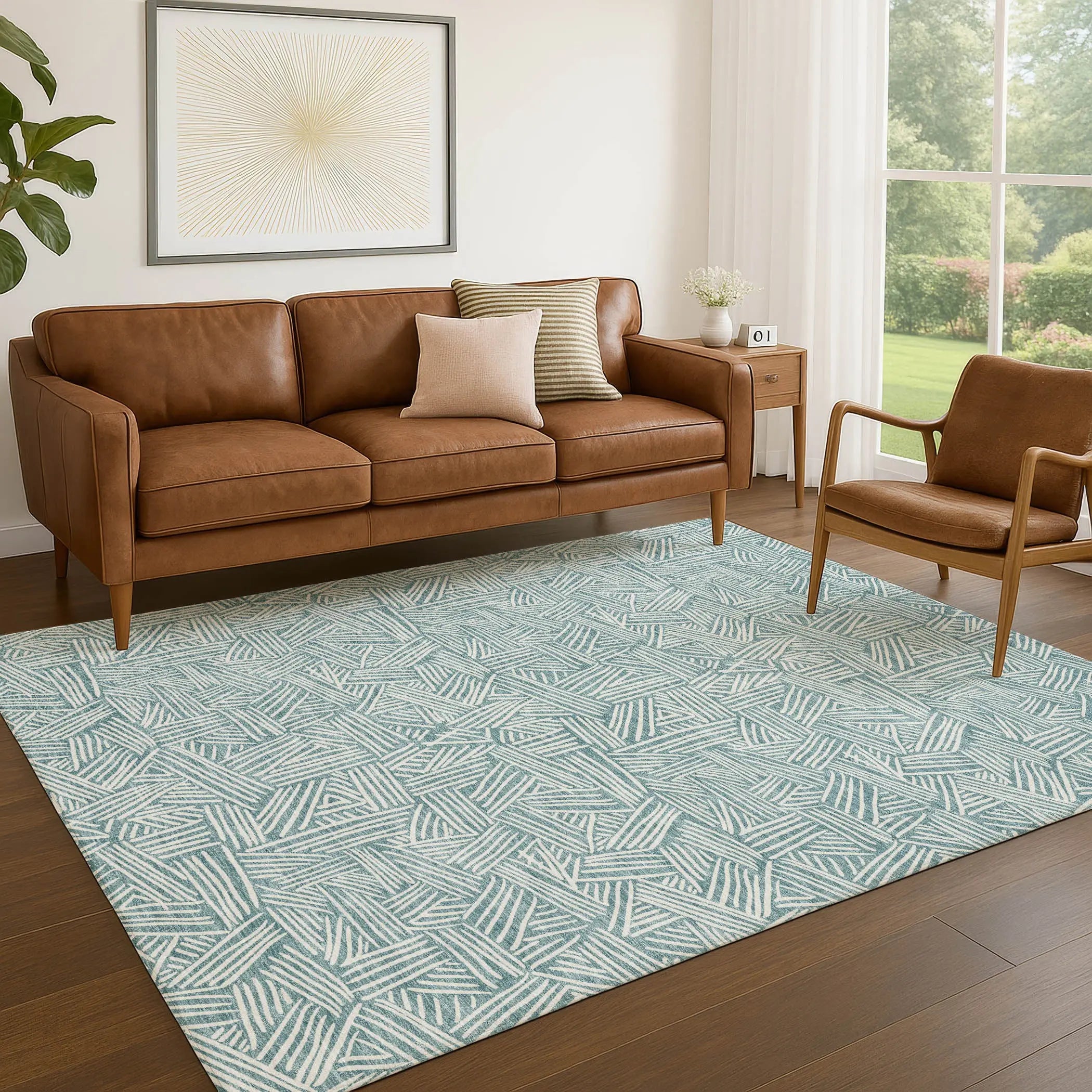 8' X 10' Teal Blue And Ivory Geometric Washable Indoor Outdoor Area Rug Homeroots Outdoor