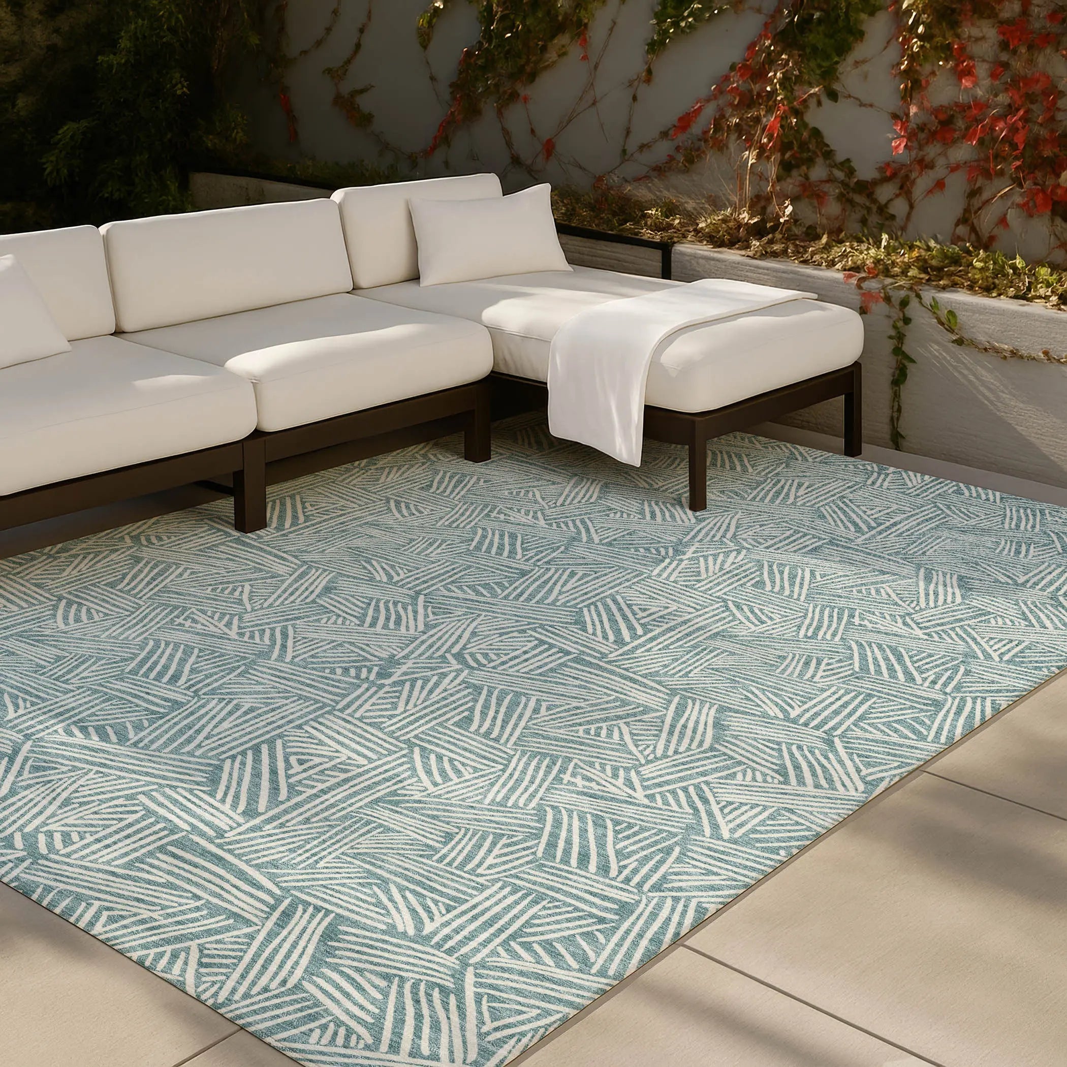8' X 10' Teal Blue And Ivory Geometric Washable Indoor Outdoor Area Rug Homeroots Outdoor