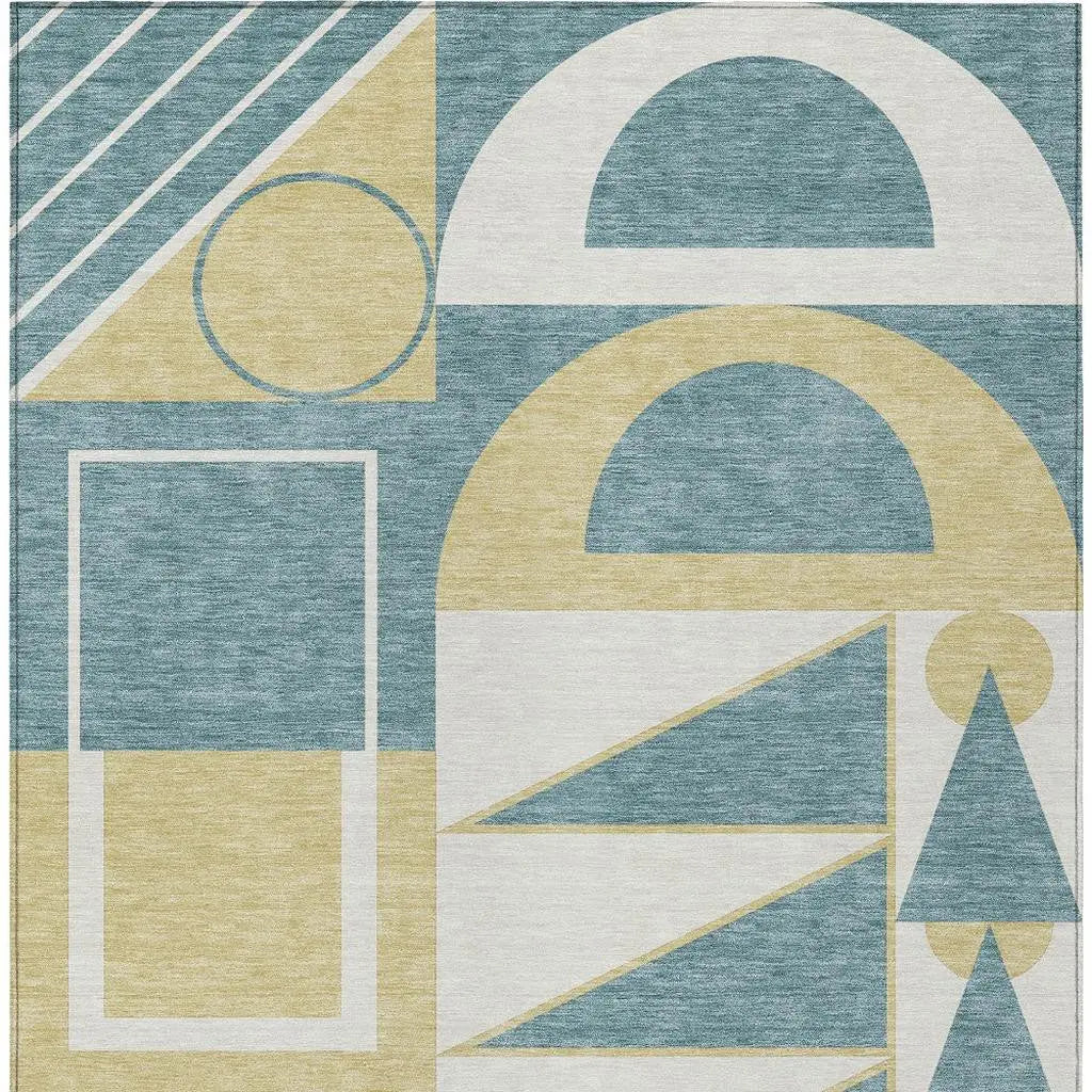 8' X 10' Teal Blue And Ivory Geometric Washable Indoor Outdoor Area Rug Homeroots Outdoor