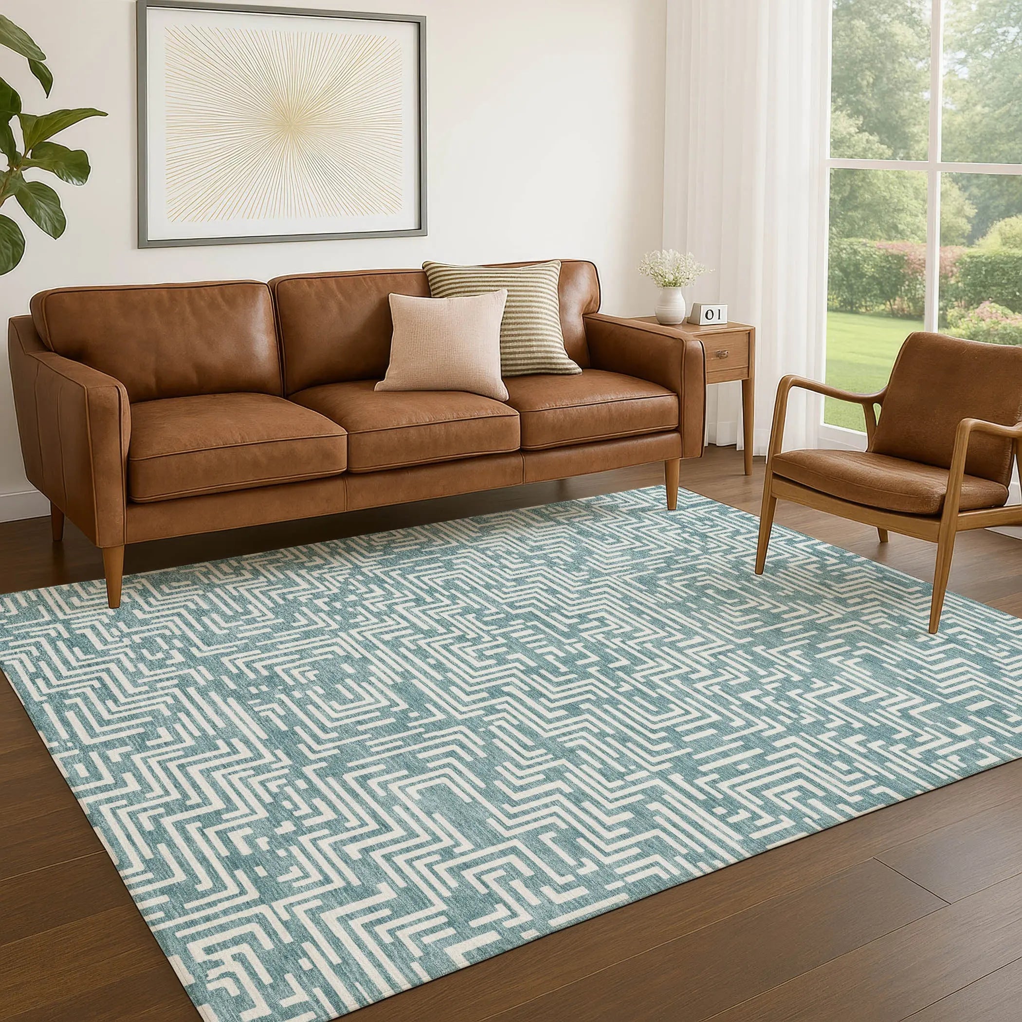 8' X 10' Teal Blue And Ivory Geometric Washable Indoor Outdoor Area Rug Homeroots Outdoor