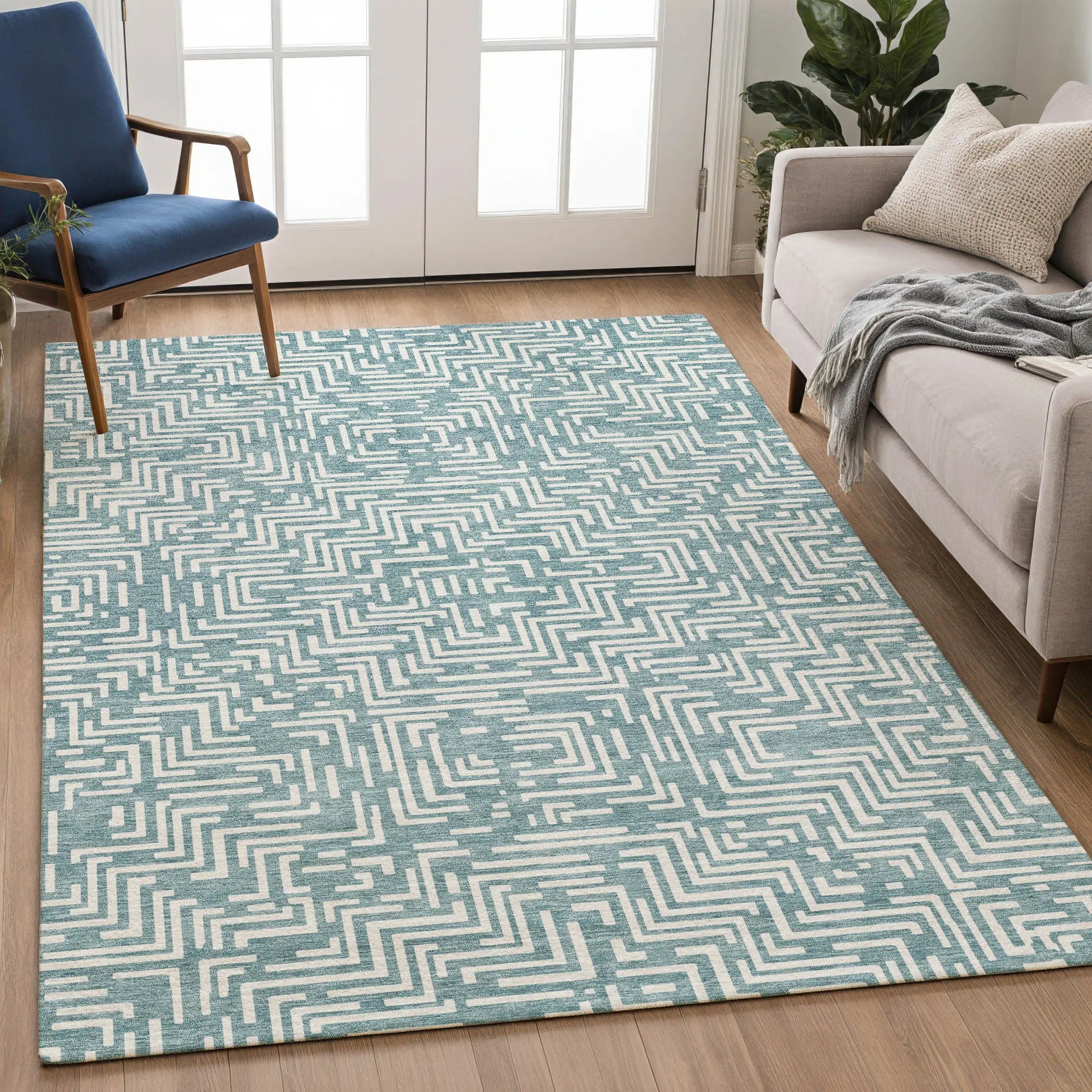 8' X 10' Teal Blue And Ivory Geometric Washable Indoor Outdoor Area Rug Homeroots Outdoor