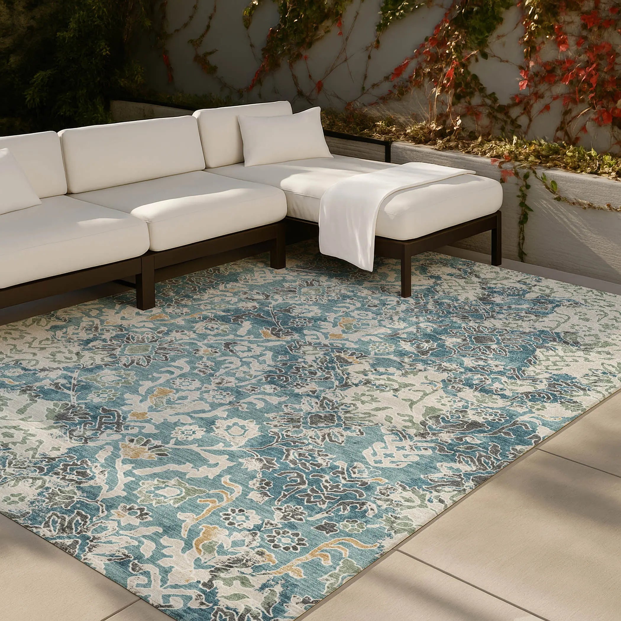 8' X 10' Teal Blue And Ivory Geometric Washable Indoor Outdoor Area Rug Homeroots Outdoor