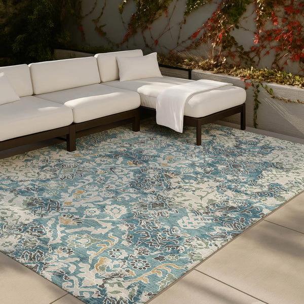 8' X 10' Teal Blue And Ivory Geometric Washable Indoor Outdoor Area Rug Homeroots Outdoor