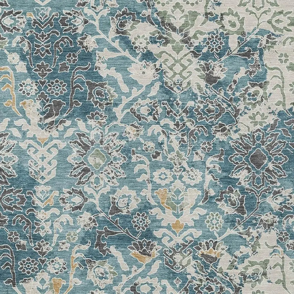8' X 10' Teal Blue And Ivory Geometric Washable Indoor Outdoor Area Rug Homeroots Outdoor