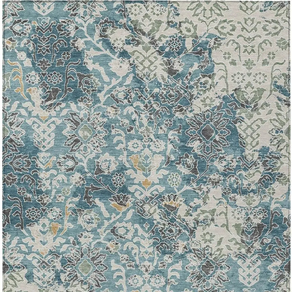8' X 10' Teal Blue And Ivory Geometric Washable Indoor Outdoor Area Rug Homeroots Outdoor