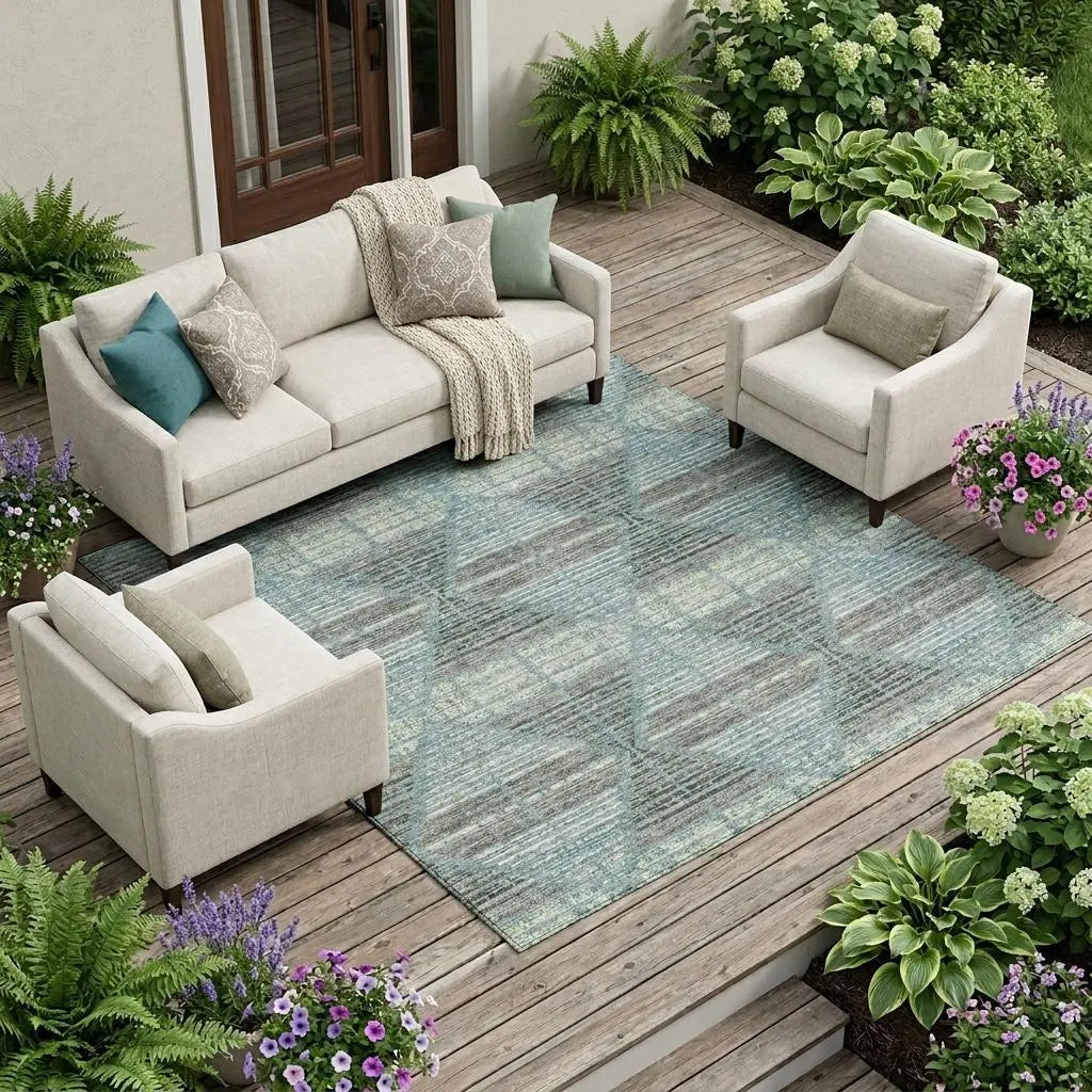 8' X 10' Teal Blue And Ivory Geometric Washable Indoor Outdoor Area Rug Homeroots Outdoor
