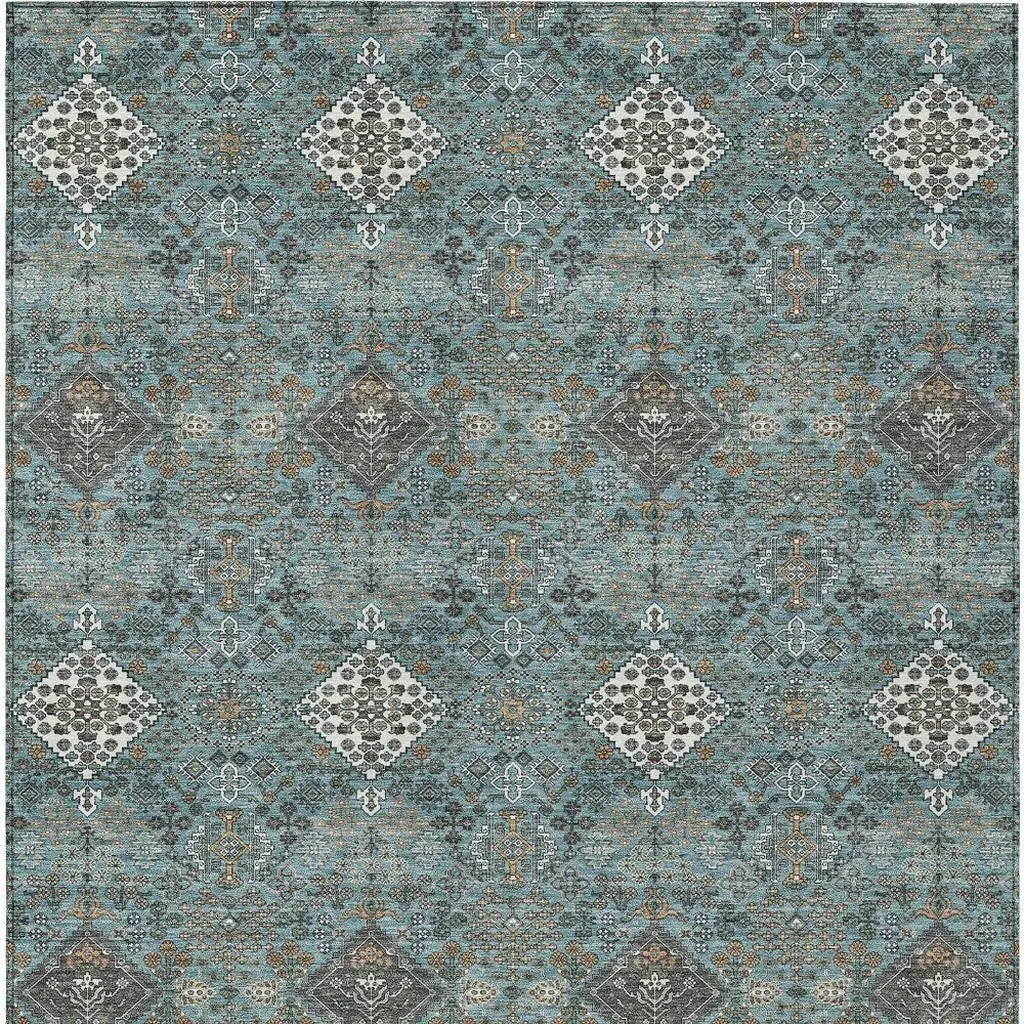 8' X 10' Teal Blue And Ivory Geometric Washable Indoor Outdoor Area Rug Homeroots Outdoor