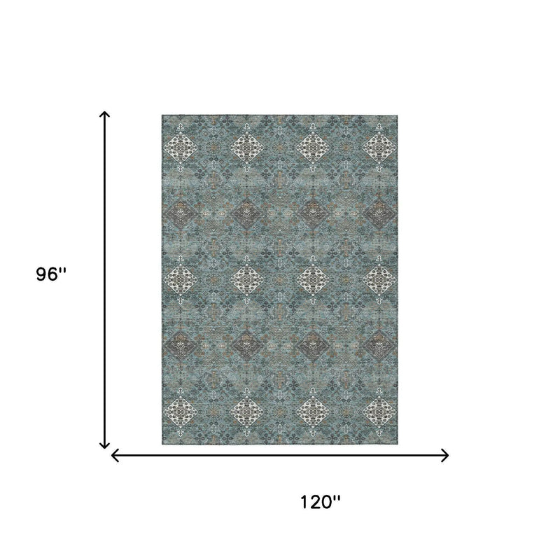 8' X 10' Teal Blue And Ivory Geometric Washable Indoor Outdoor Area Rug Homeroots Outdoor
