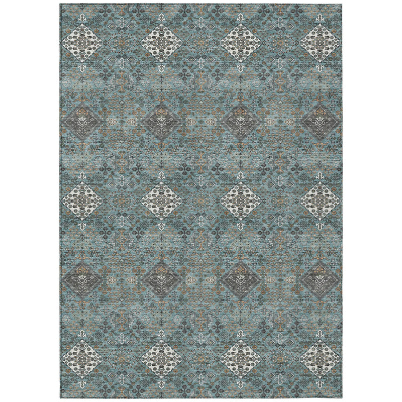 8' X 10' Teal Blue And Ivory Geometric Washable Indoor Outdoor Area Rug Homeroots Outdoor