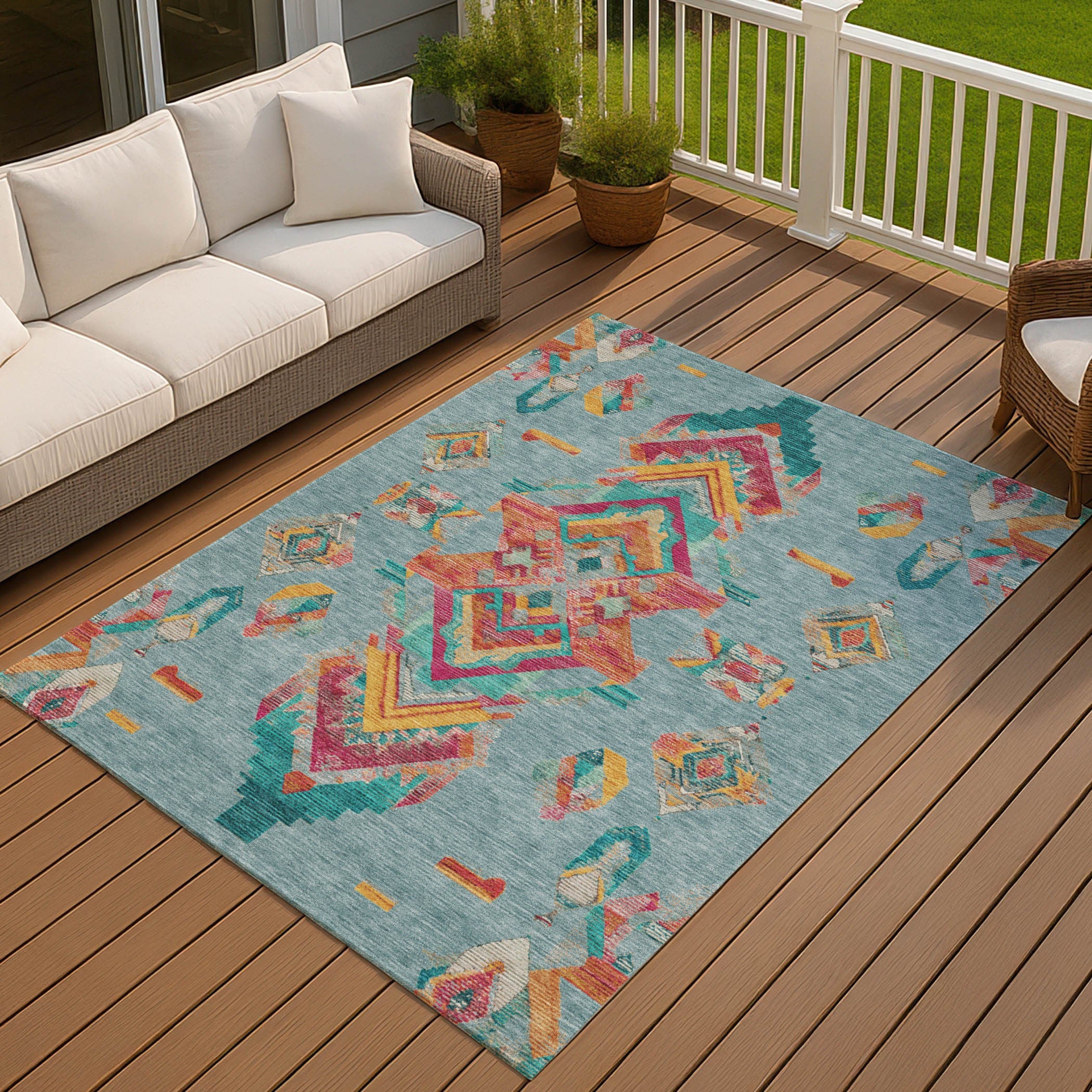 8' X 10' Teal Blue And Ivory Tribal Washable Indoor Outdoor Area Rug Homeroots Outdoor