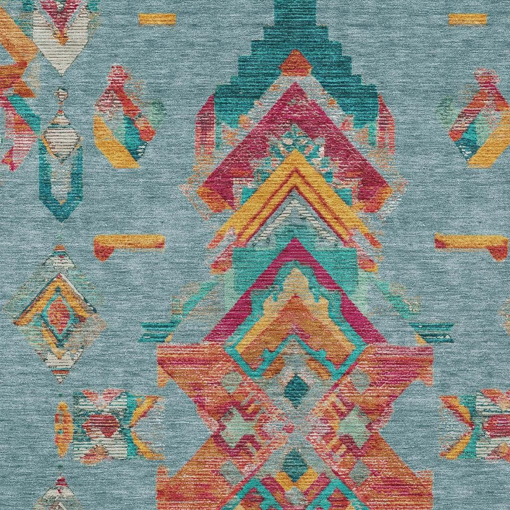 8' X 10' Teal Blue And Ivory Tribal Washable Indoor Outdoor Area Rug Homeroots Outdoor