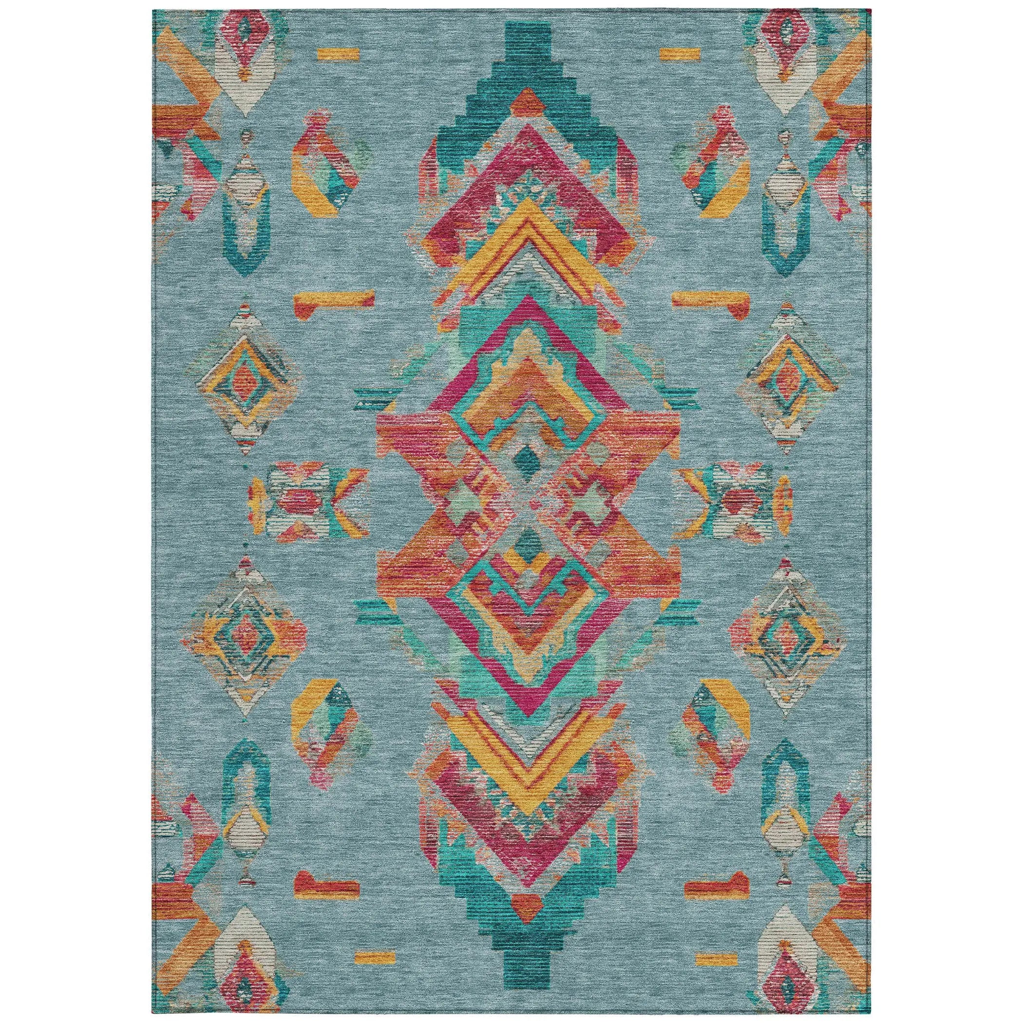 8' X 10' Teal Blue And Ivory Tribal Washable Indoor Outdoor Area Rug Homeroots Outdoor