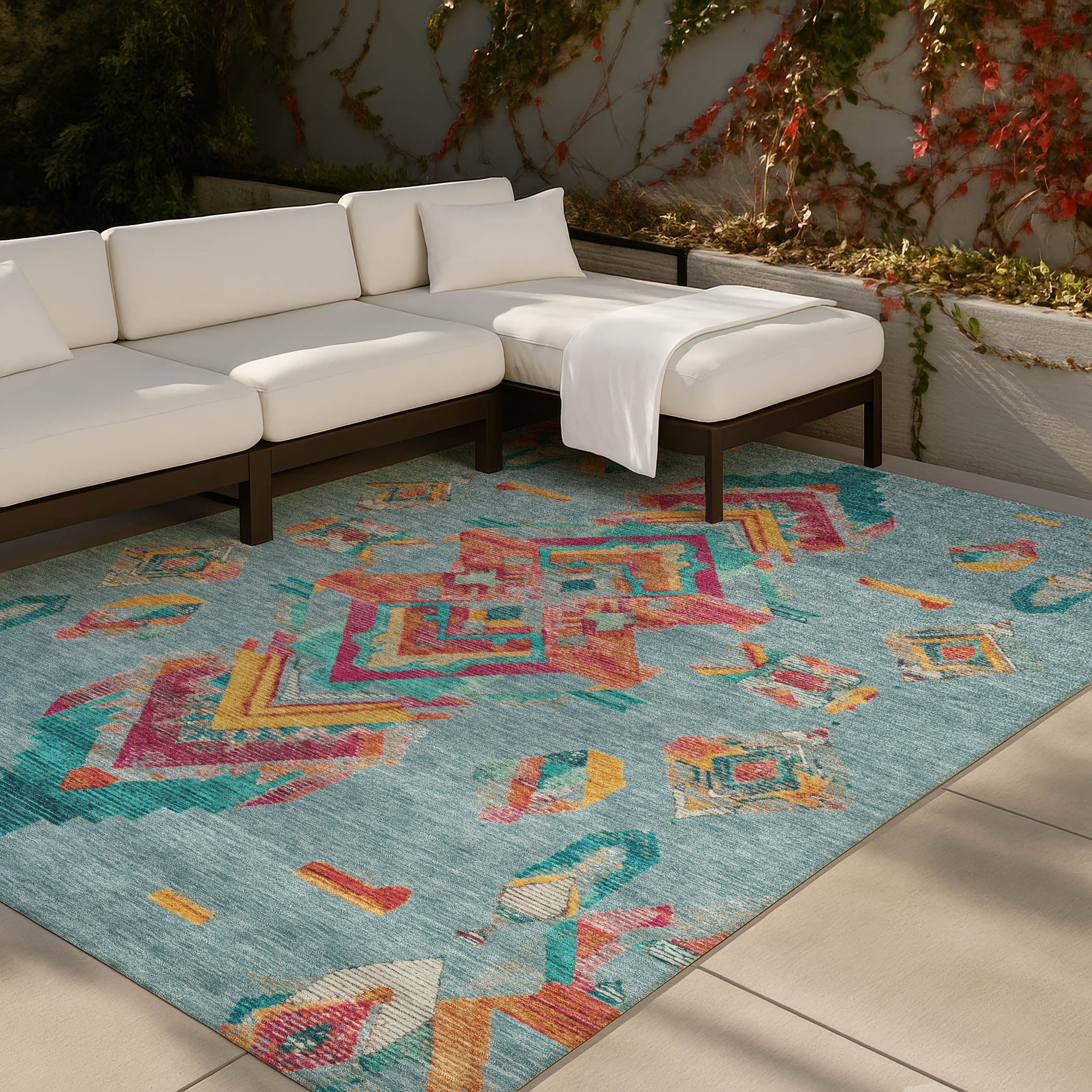 8' X 10' Teal Blue And Ivory Tribal Washable Indoor Outdoor Area Rug Homeroots Outdoor