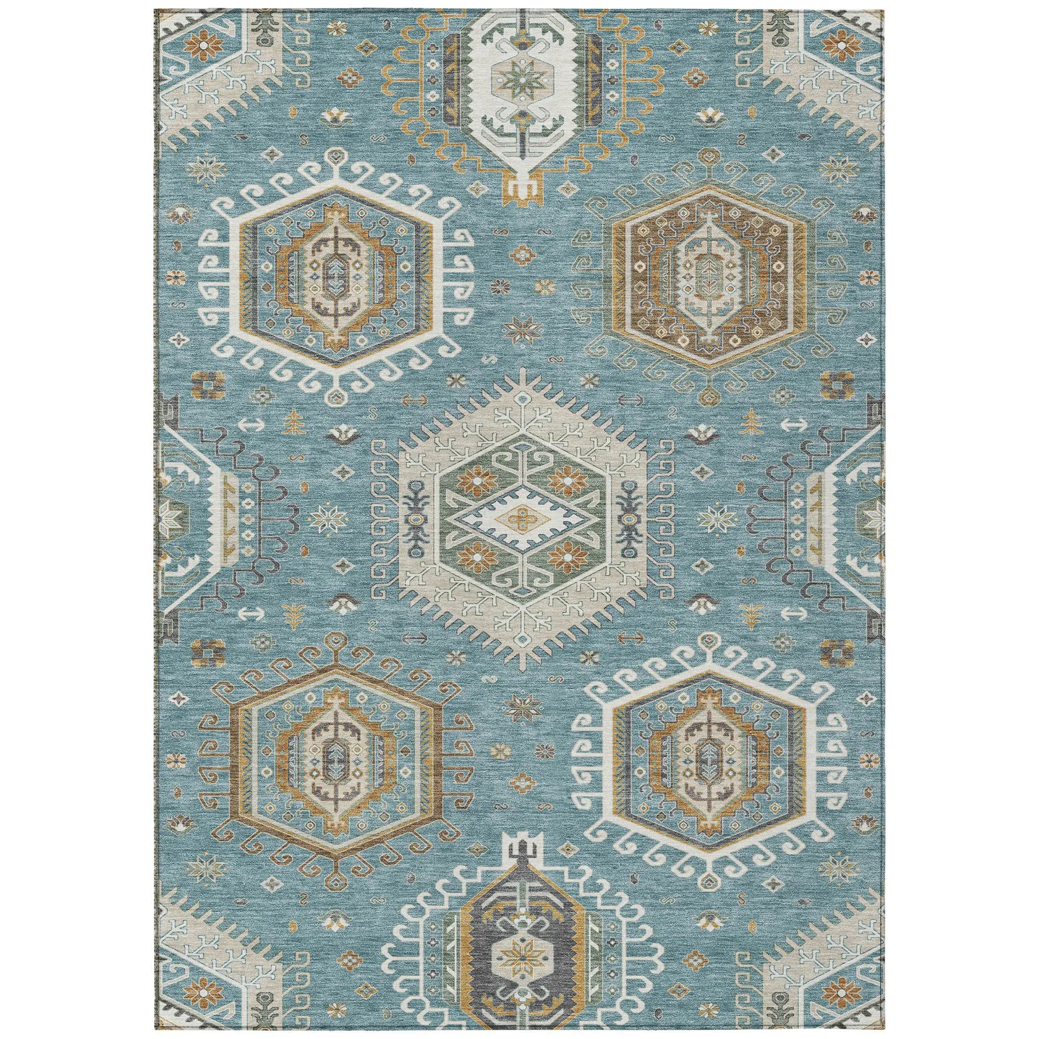 8' X 10' Teal Blue And Ivory Tribal Washable Indoor Outdoor Area Rug Homeroots Outdoor