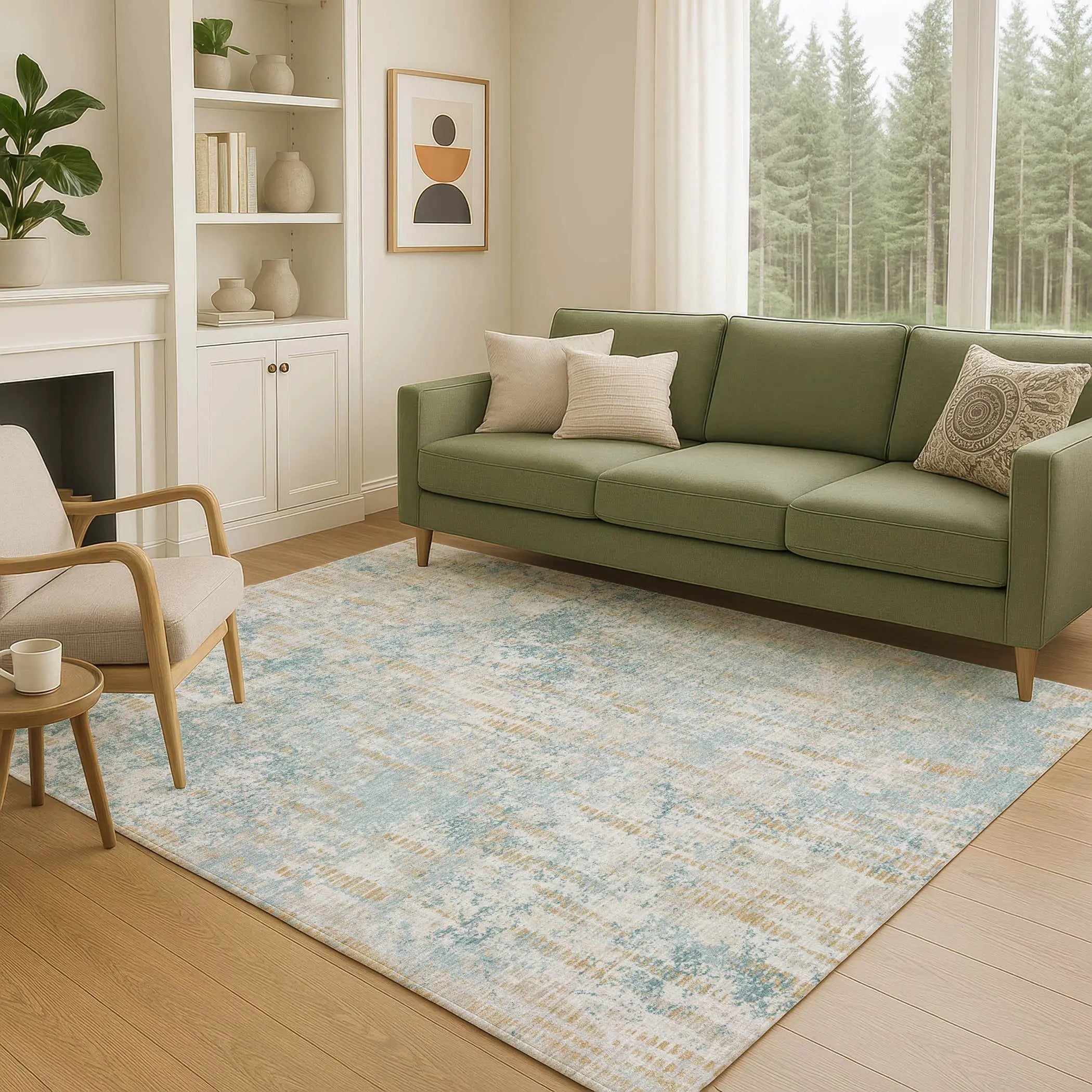 8' X 10' Teal Blue And Linen Abstract Washable Indoor Outdoor Area Rug Homeroots Outdoor