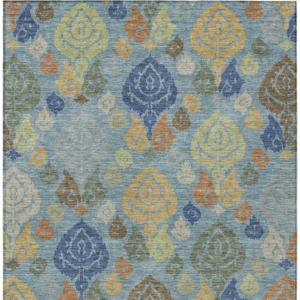 8' X 10' Teal Blue And Navy Blue Damask Washable Indoor Outdoor Area Rug Homeroots Outdoor