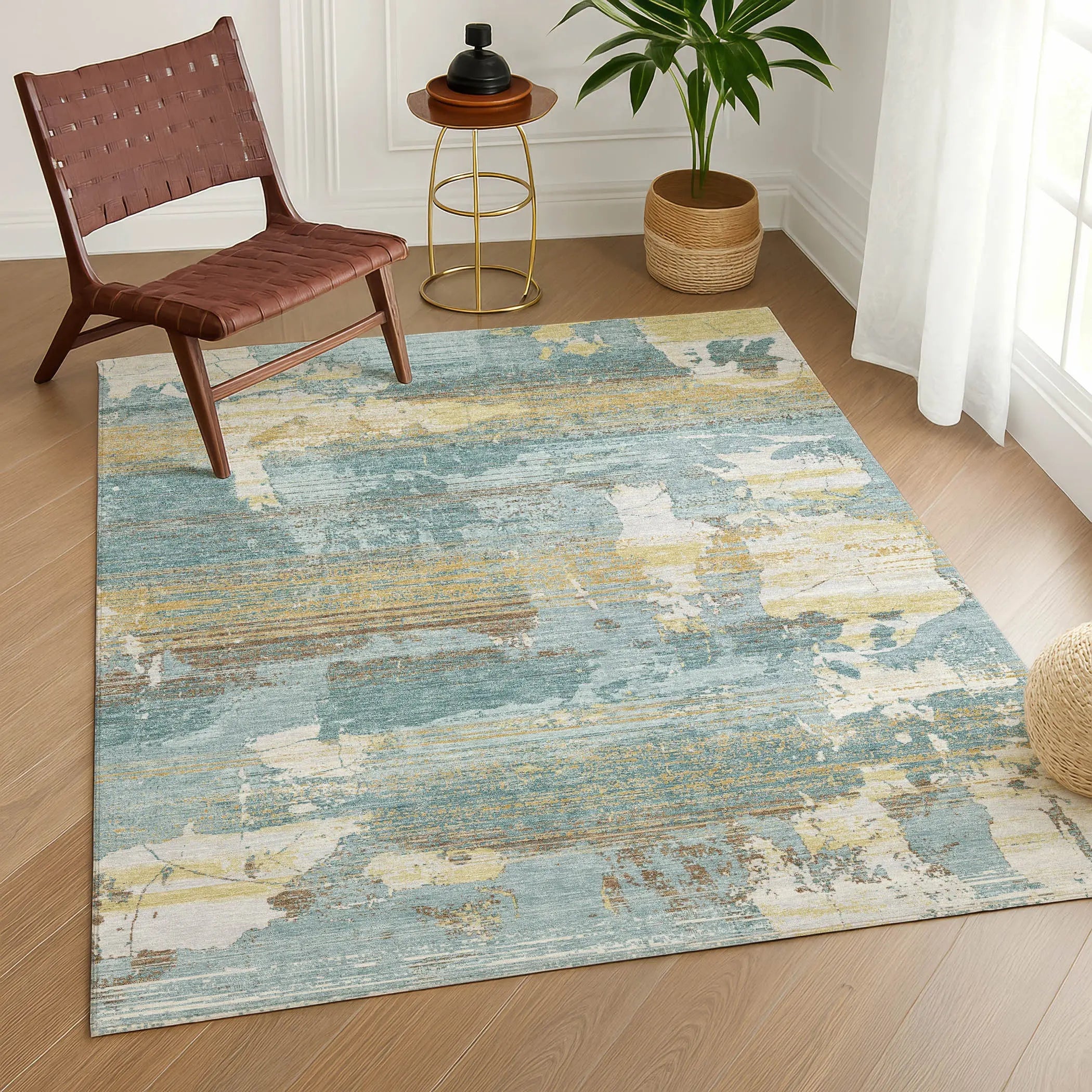 8' X 10' Teal Blue And Pewter Abstract Washable Indoor Outdoor Area Rug Homeroots Outdoor