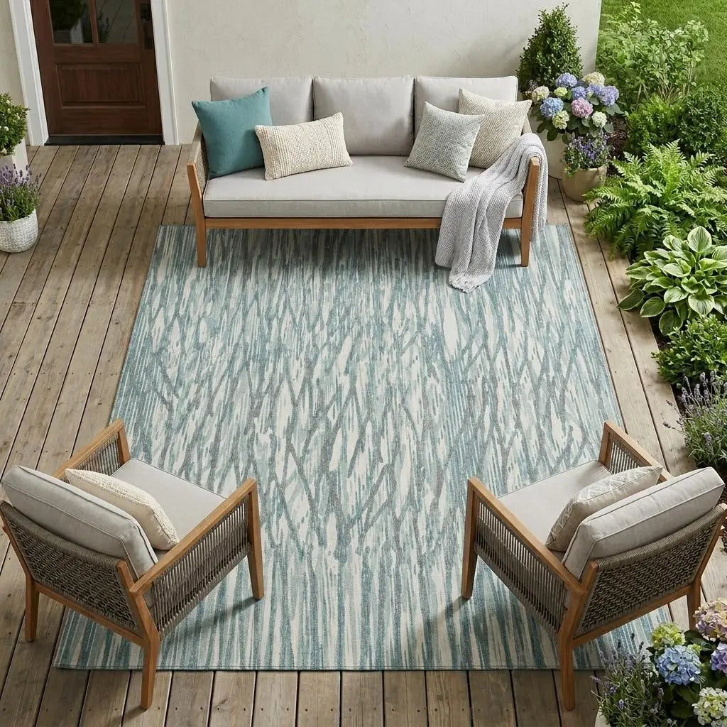 8' X 10' Teal Blue And Pewter Abstract Washable Indoor Outdoor Area Rug Homeroots Outdoor