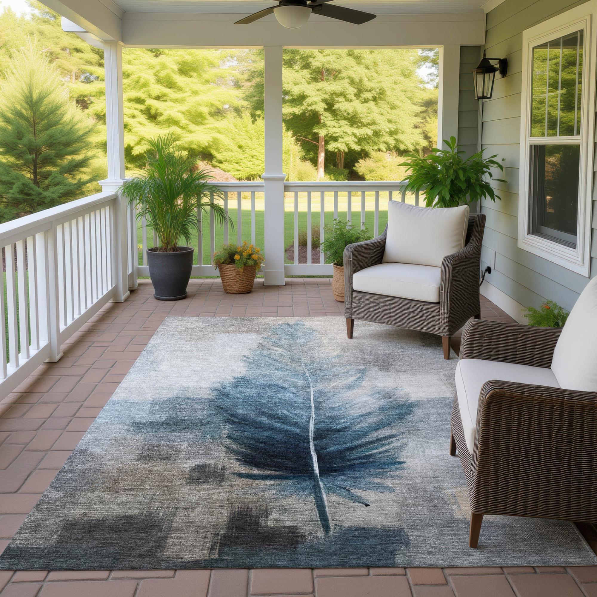 8' X 10' Teal Blue And Pewter Botanical Leaves Washable Indoor Outdoor Area Rug Homeroots Outdoor