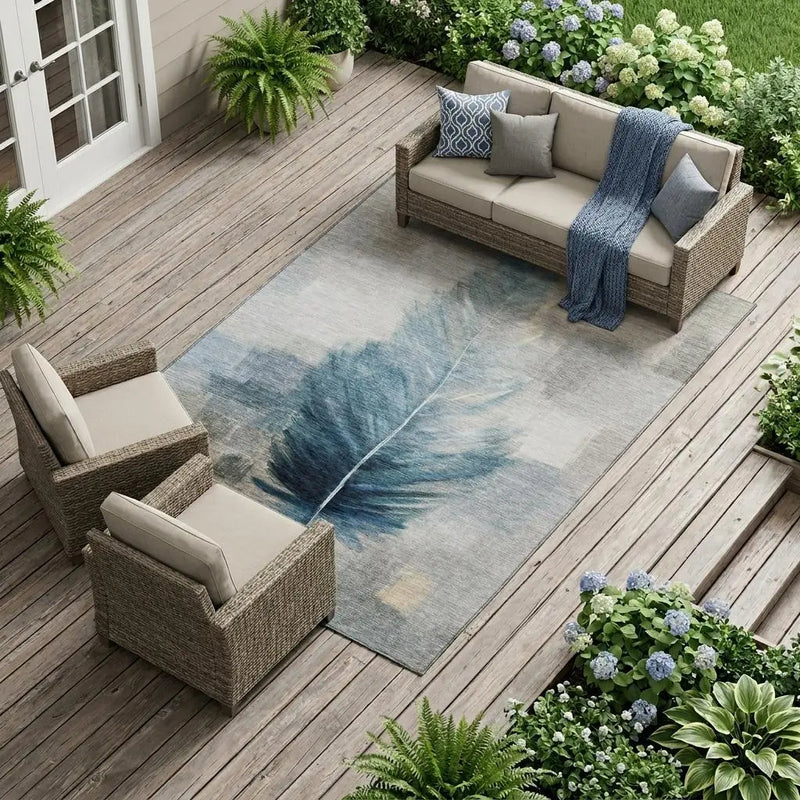 8' X 10' Teal Blue And Pewter Botanical Leaves Washable Indoor Outdoor Area Rug Homeroots Outdoor