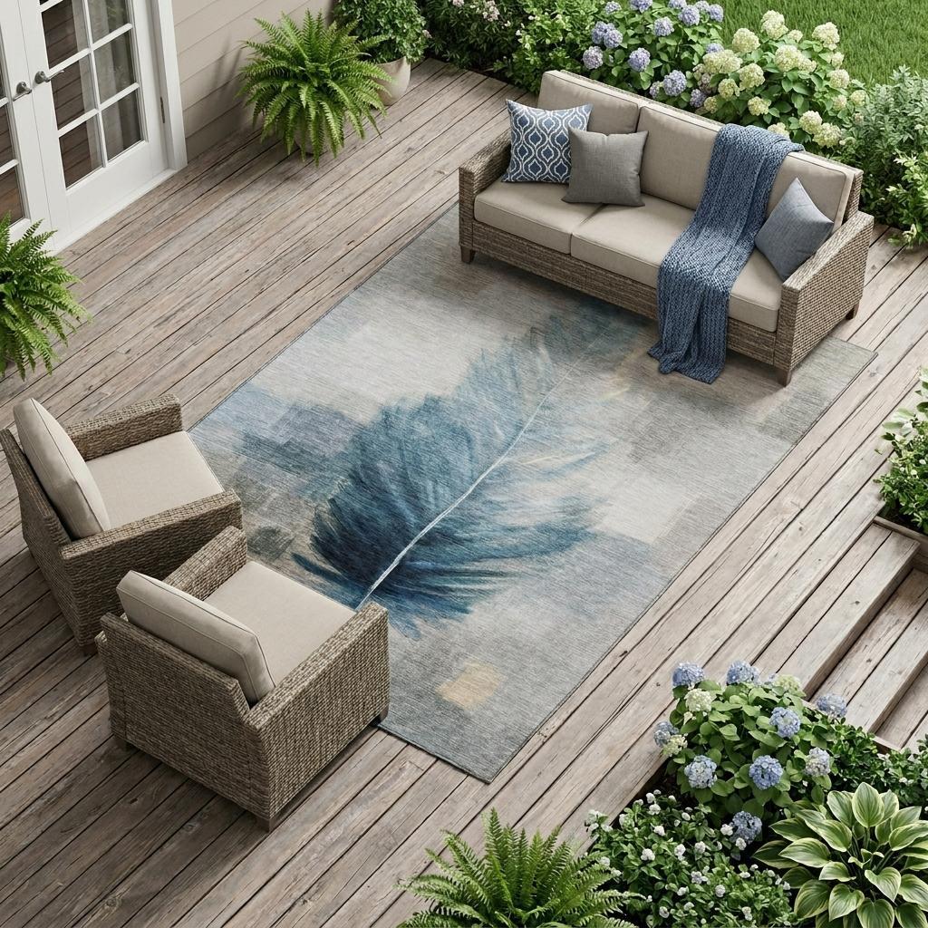 8' X 10' Teal Blue And Pewter Botanical Leaves Washable Indoor Outdoor Area Rug Homeroots Outdoor
