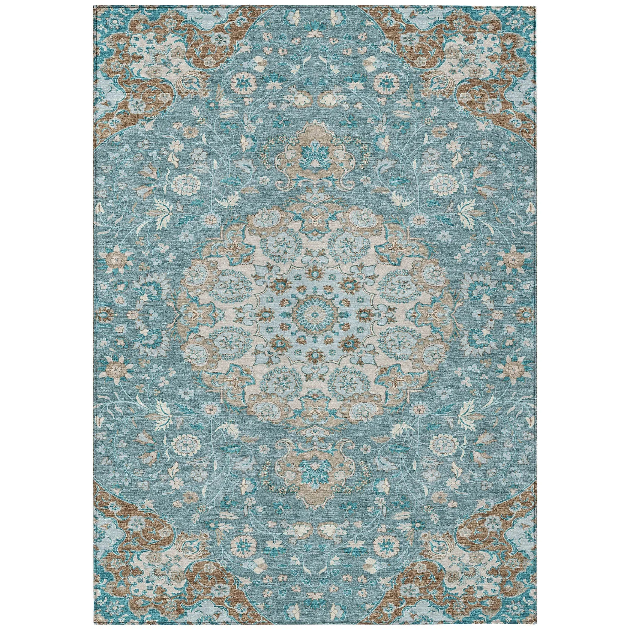 8' X 10' Teal Blue And Pewter Damask Washable Indoor Outdoor Area Rug Homeroots Outdoor