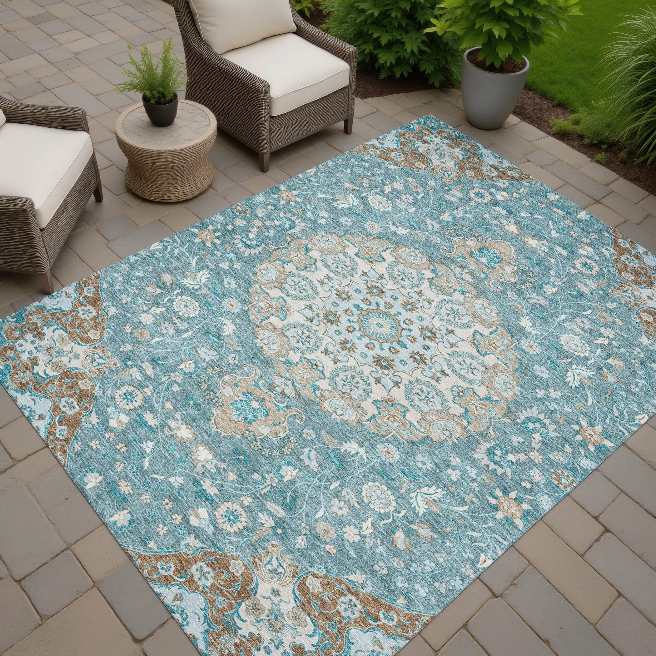 8' X 10' Teal Blue And Pewter Damask Washable Indoor Outdoor Area Rug Homeroots Outdoor