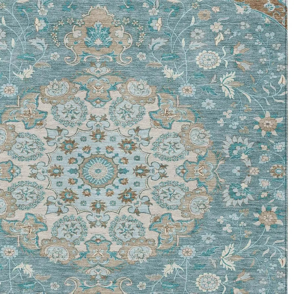 8' X 10' Teal Blue And Pewter Damask Washable Indoor Outdoor Area Rug Homeroots Outdoor