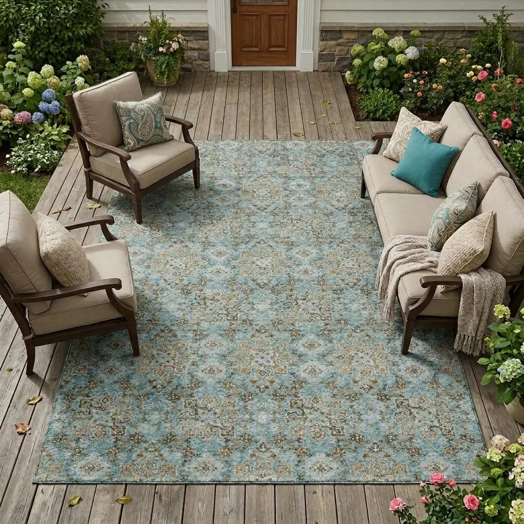 8' X 10' Teal Blue And Pewter Damask Washable Indoor Outdoor Area Rug Homeroots Outdoor