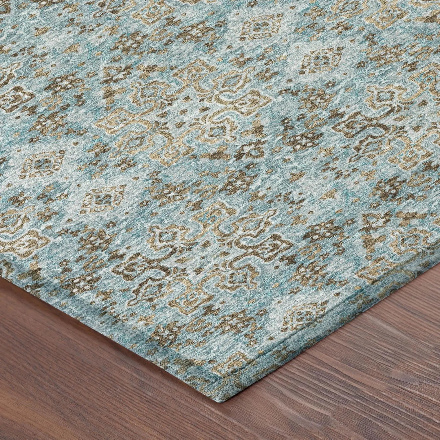 8' X 10' Teal Blue And Pewter Damask Washable Indoor Outdoor Area Rug Homeroots Outdoor