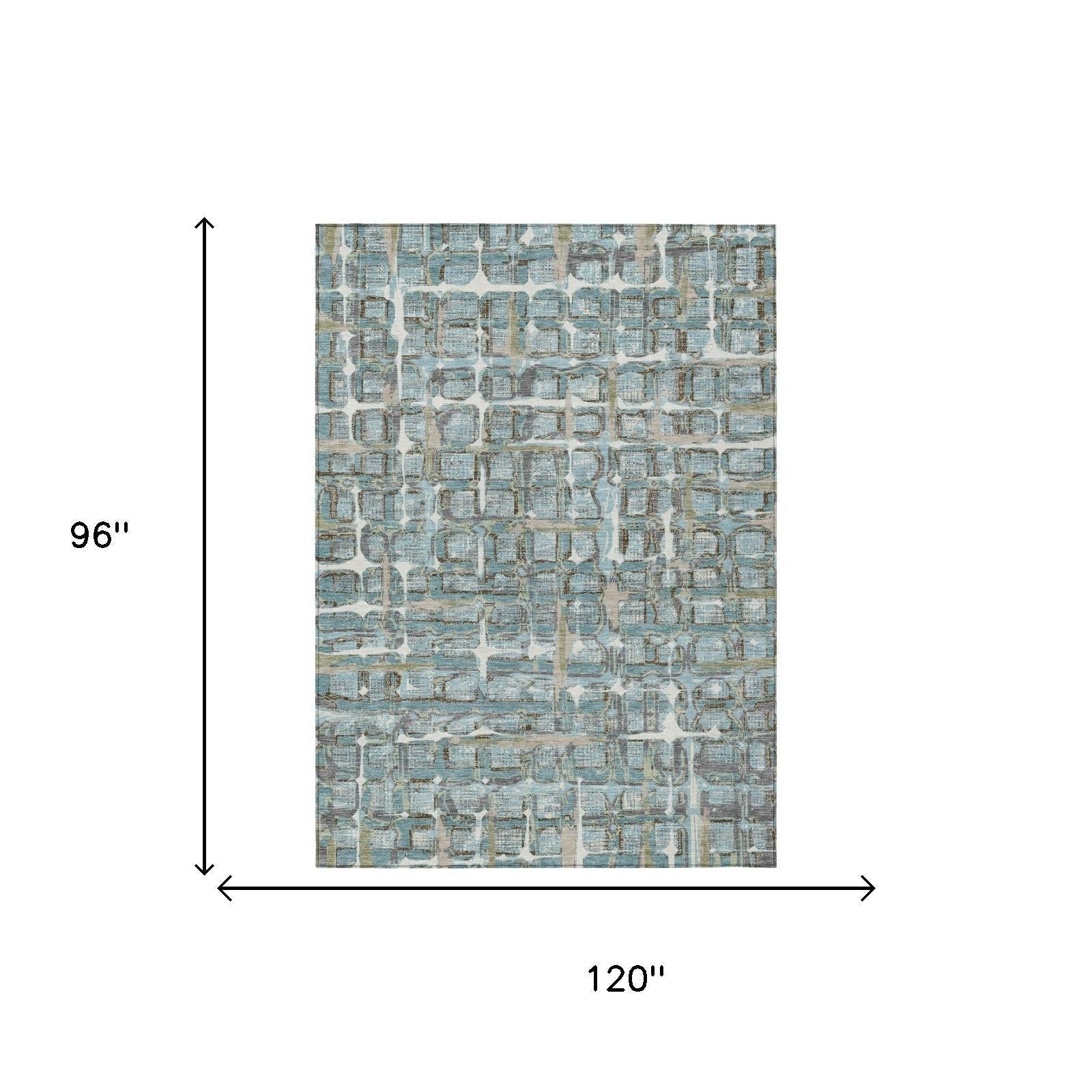 8' X 10' Teal Blue And Pewter Geometric Washable Indoor Outdoor Area Rug Homeroots Outdoor