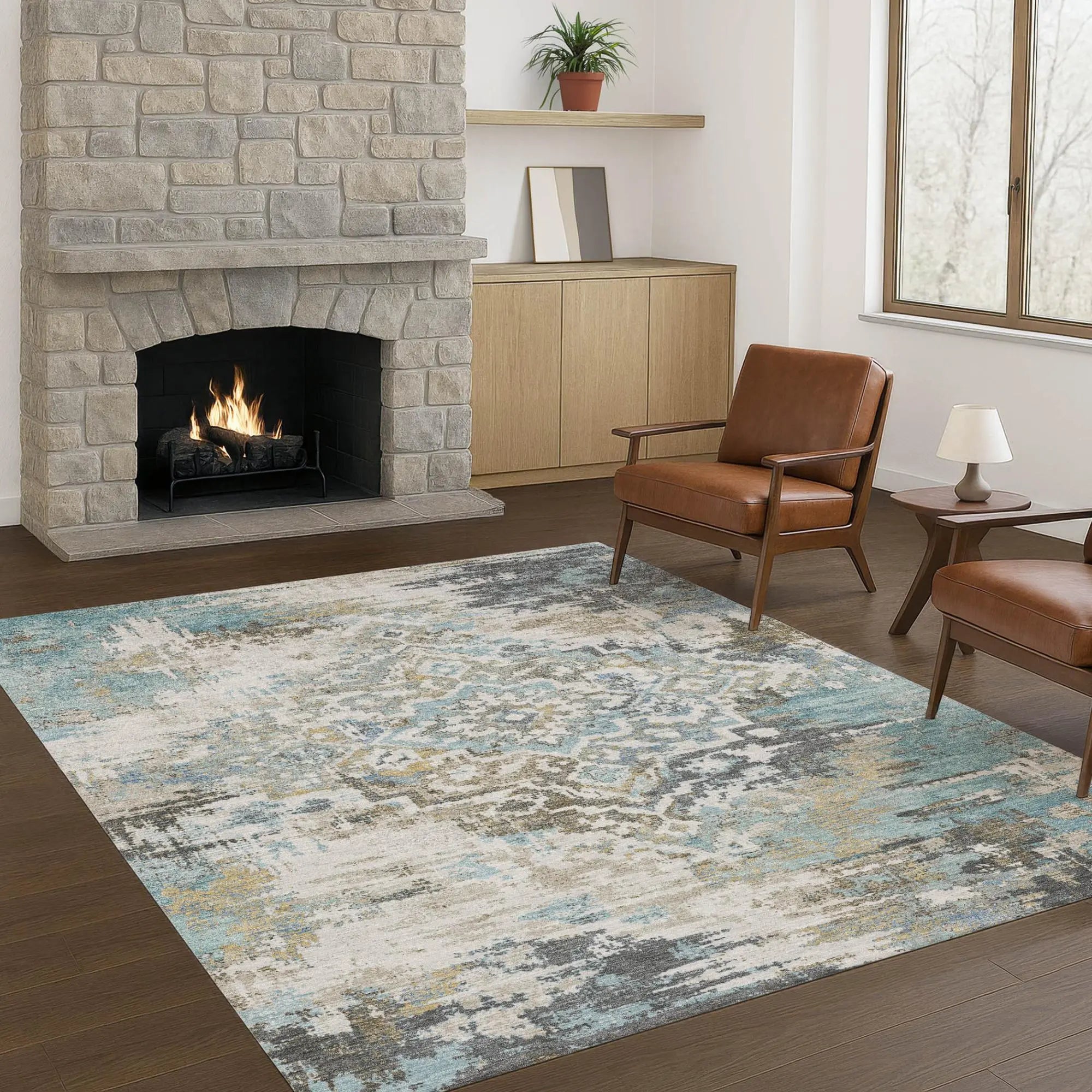 8' X 10' Teal Blue And Pewter Medallion Washable Indoor Outdoor Area Rug Homeroots Outdoor