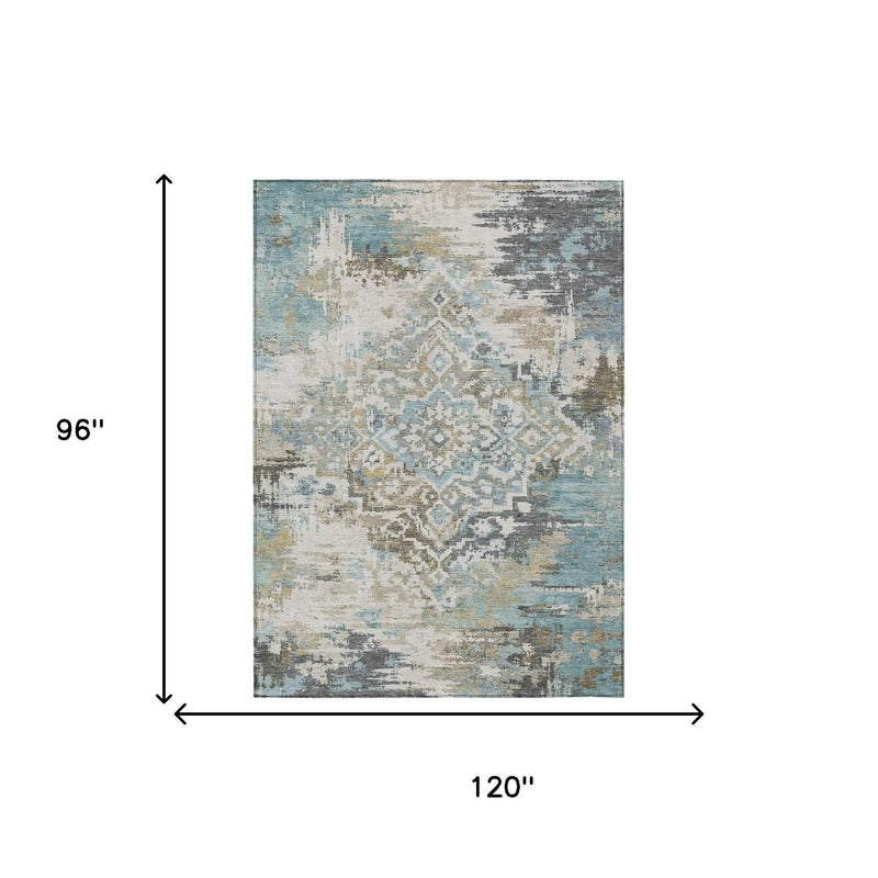 8' X 10' Teal Blue And Pewter Medallion Washable Indoor Outdoor Area Rug Homeroots Outdoor