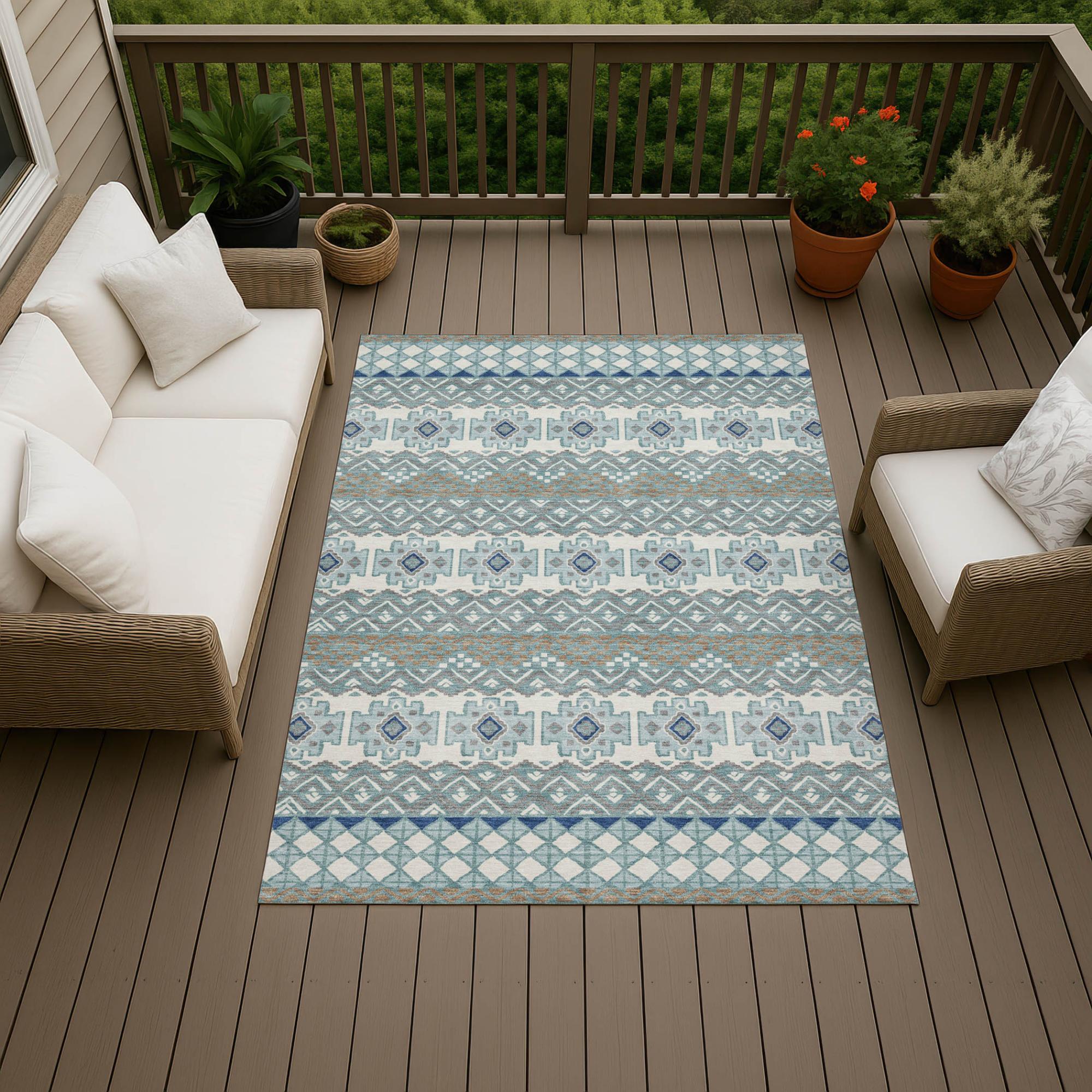 8' X 10' Teal Blue And Pewter Striped Washable Indoor Outdoor Area Rug Homeroots Outdoor