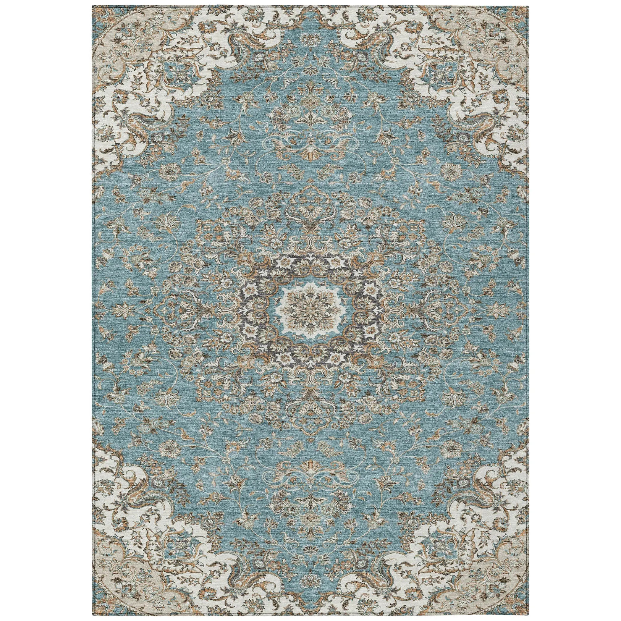 8' X 10' Teal Blue And Sage Floral Medallion Washable Indoor Outdoor Area Rug Homeroots Outdoor