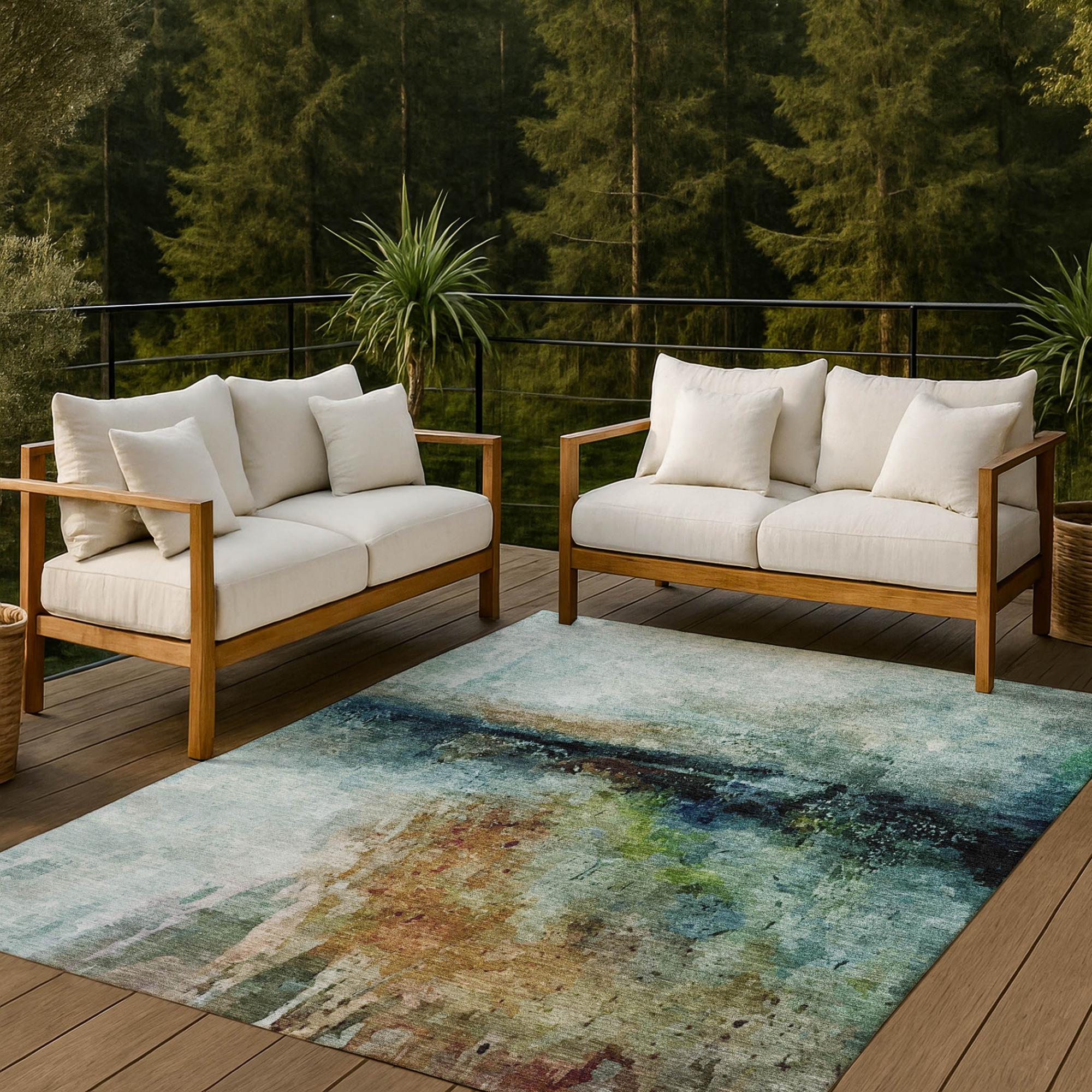 8' X 10' Teal Blue And Silver Abstract Washable Indoor Outdoor Area Rug Homeroots Outdoor