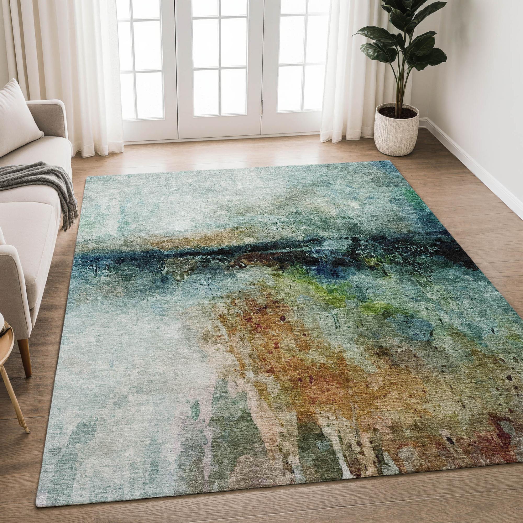8' X 10' Teal Blue And Silver Abstract Washable Indoor Outdoor Area Rug Homeroots Outdoor
