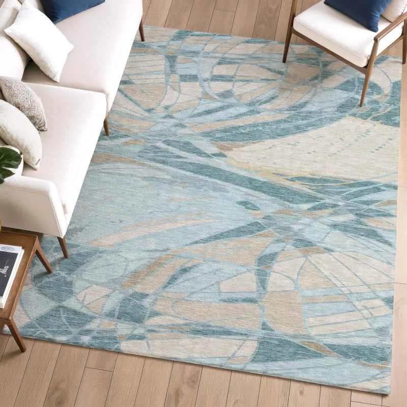 8' X 10' Teal Blue And Silver Abstract Washable Indoor Outdoor Area Rug Homeroots Outdoor
