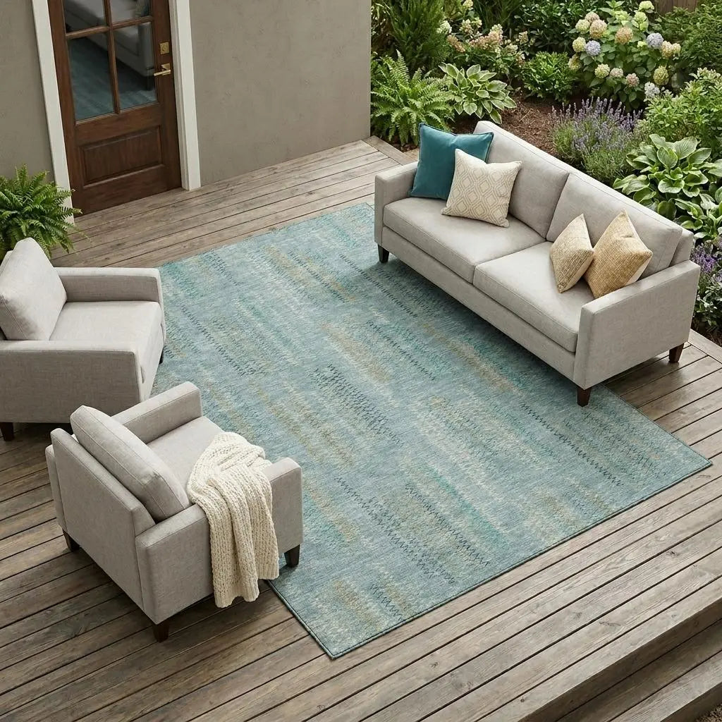 8' X 10' Teal Blue And Silver Abstract Washable Indoor Outdoor Area Rug Homeroots Outdoor