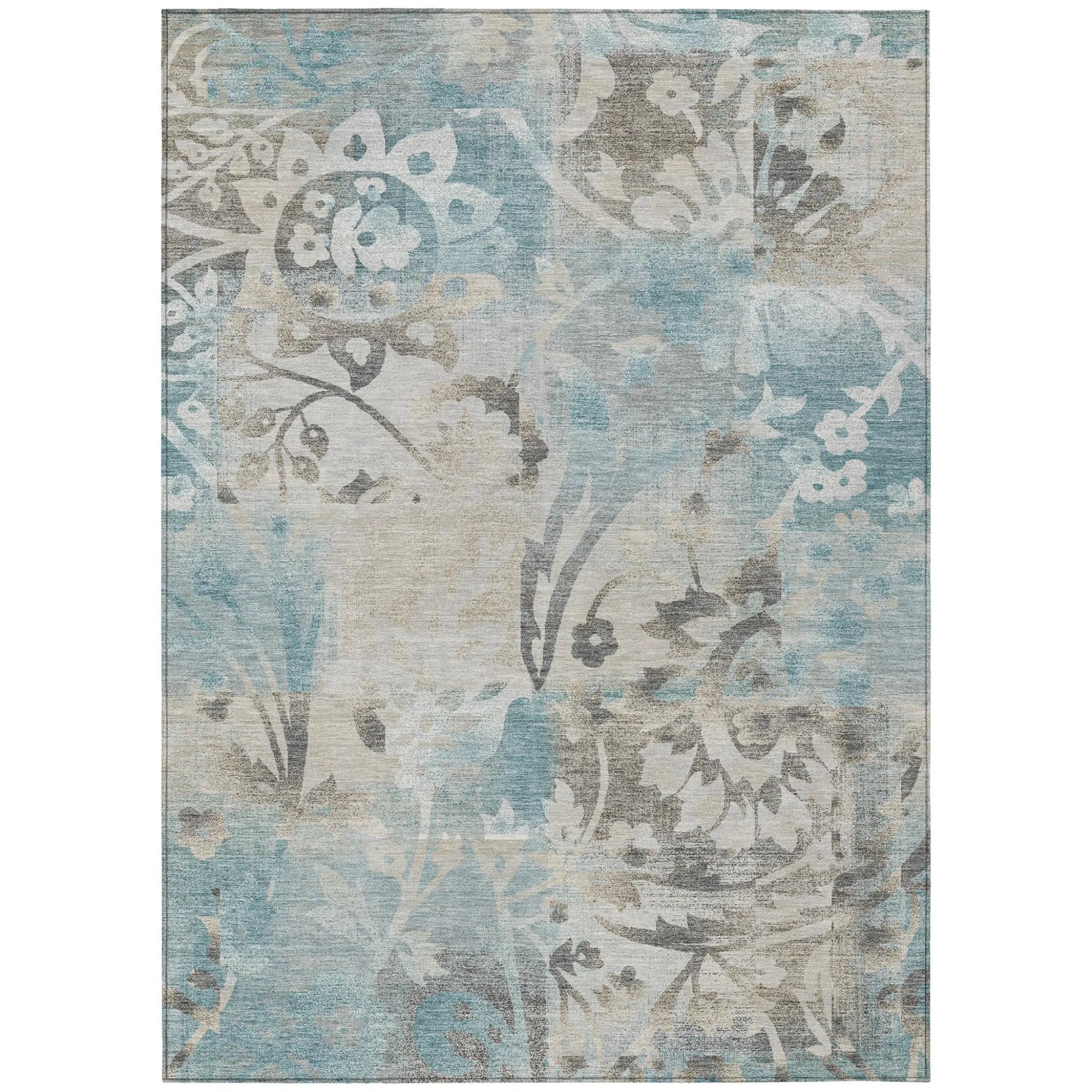 8' X 10' Teal Blue And Silver Botanical Leaves Washable Indoor Outdoor Area Rug Homeroots Outdoor