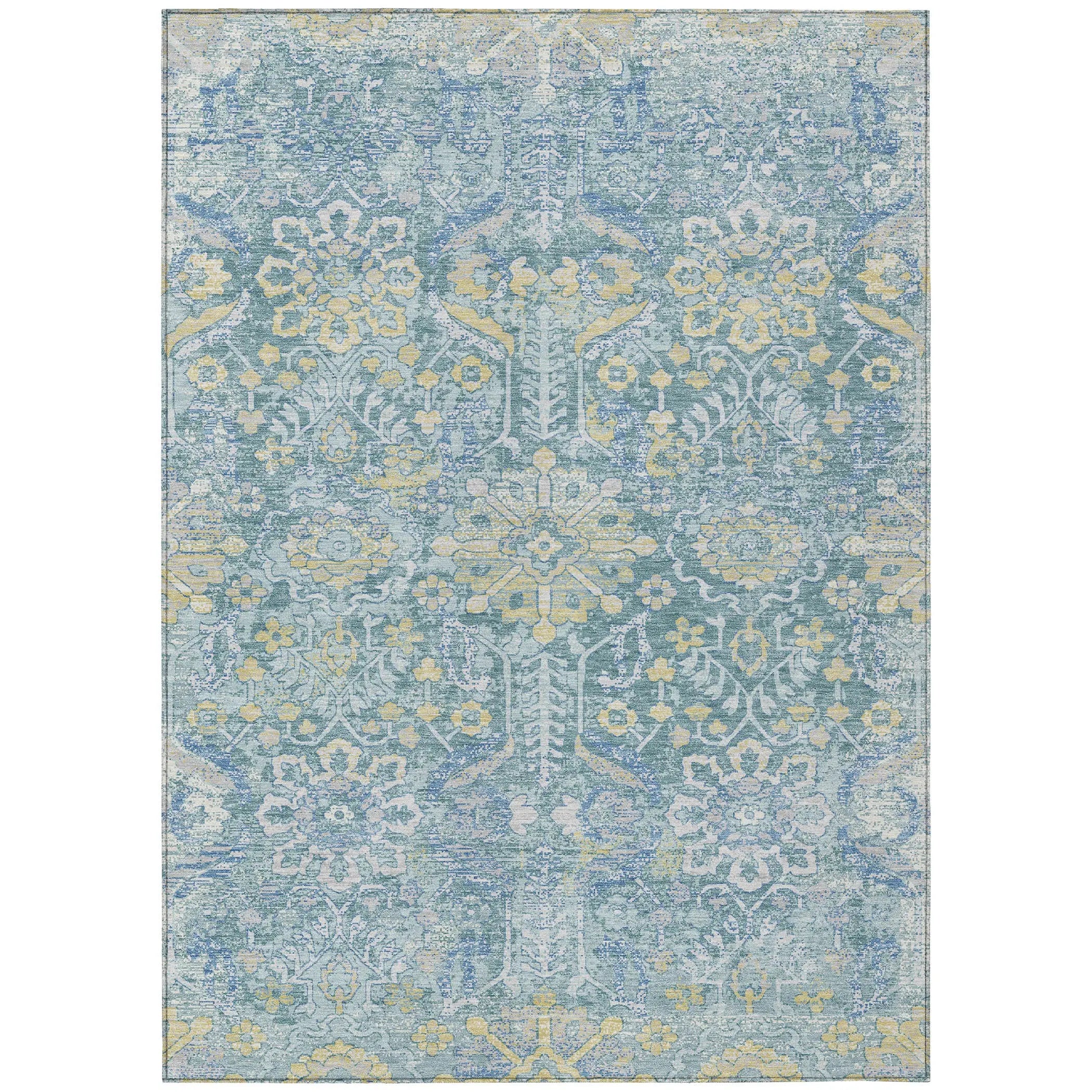 8' X 10' Teal Blue And Silver Damask Washable Indoor Outdoor Area Rug Homeroots Outdoor