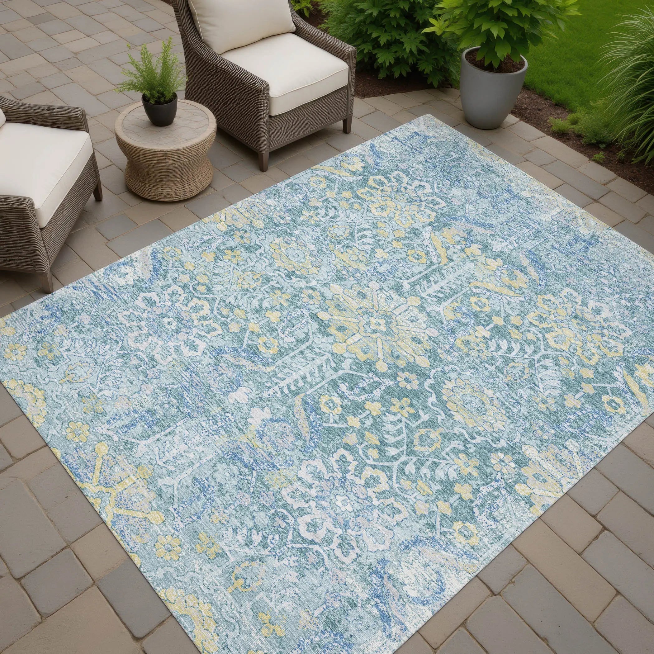 8' X 10' Teal Blue And Silver Damask Washable Indoor Outdoor Area Rug Homeroots Outdoor