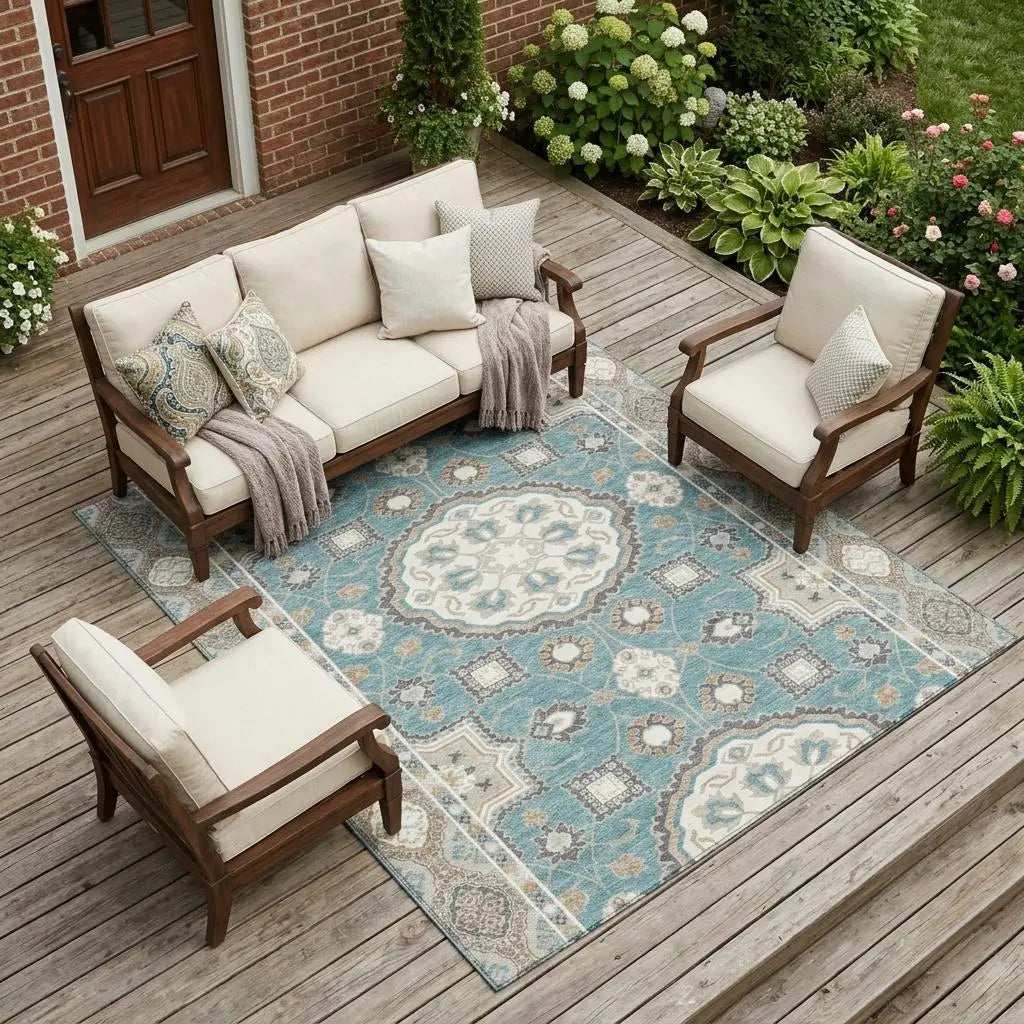 8' X 10' Teal Blue And Silver Floral Medallion Washable Indoor Outdoor Area Rug Homeroots Outdoor